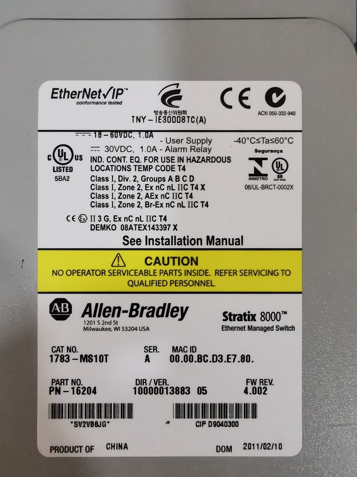 Allen Bradley 1783-MS10T PN-16204 Allen Bradley STRATIX 8000 Ethernet Managed Switch 1783-MS10T / PN-16204 2