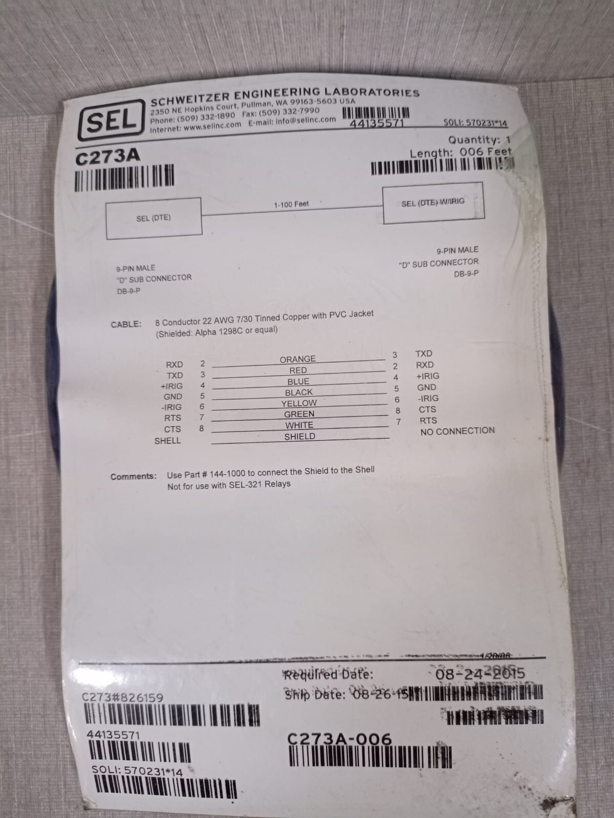 SEL C273A 9-PIN MALE D SUB CONNECTOR 006 FEET