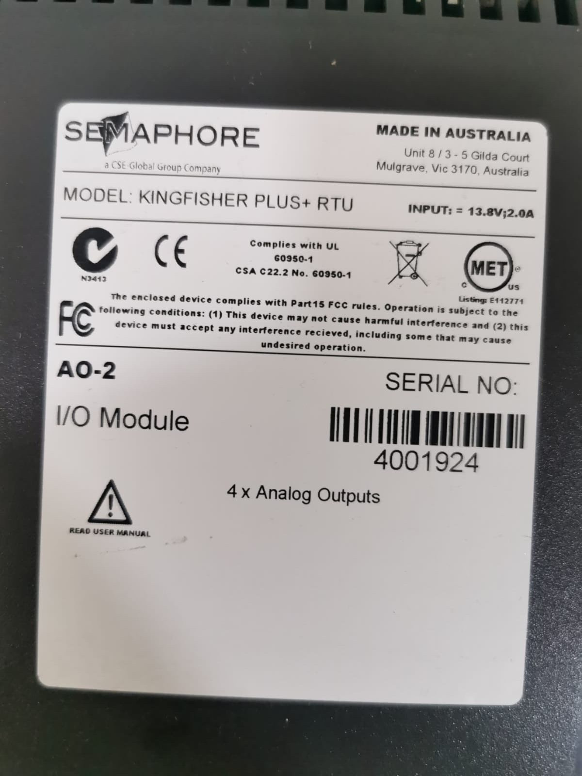 SEMAPHORE KINGFISHER-PLUS+-RTU-AO-2-I/O Semaphore Kingfisher Plus+ RTU AO-2 I/O Module 4X ANALOG OUTPUTS 3