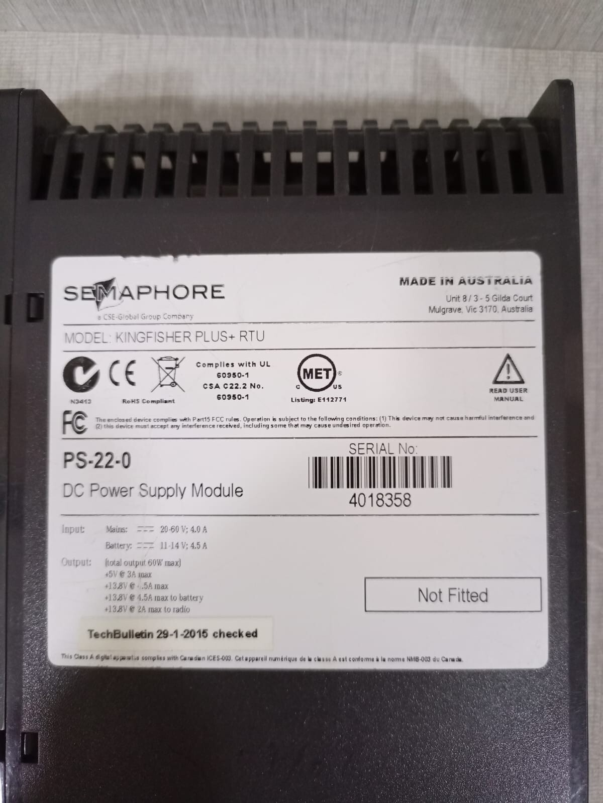 Semaphore PS-22-0 Semaphore Kingfisher PLUS+RTU PS-22-0 DC Power Supply Module 2