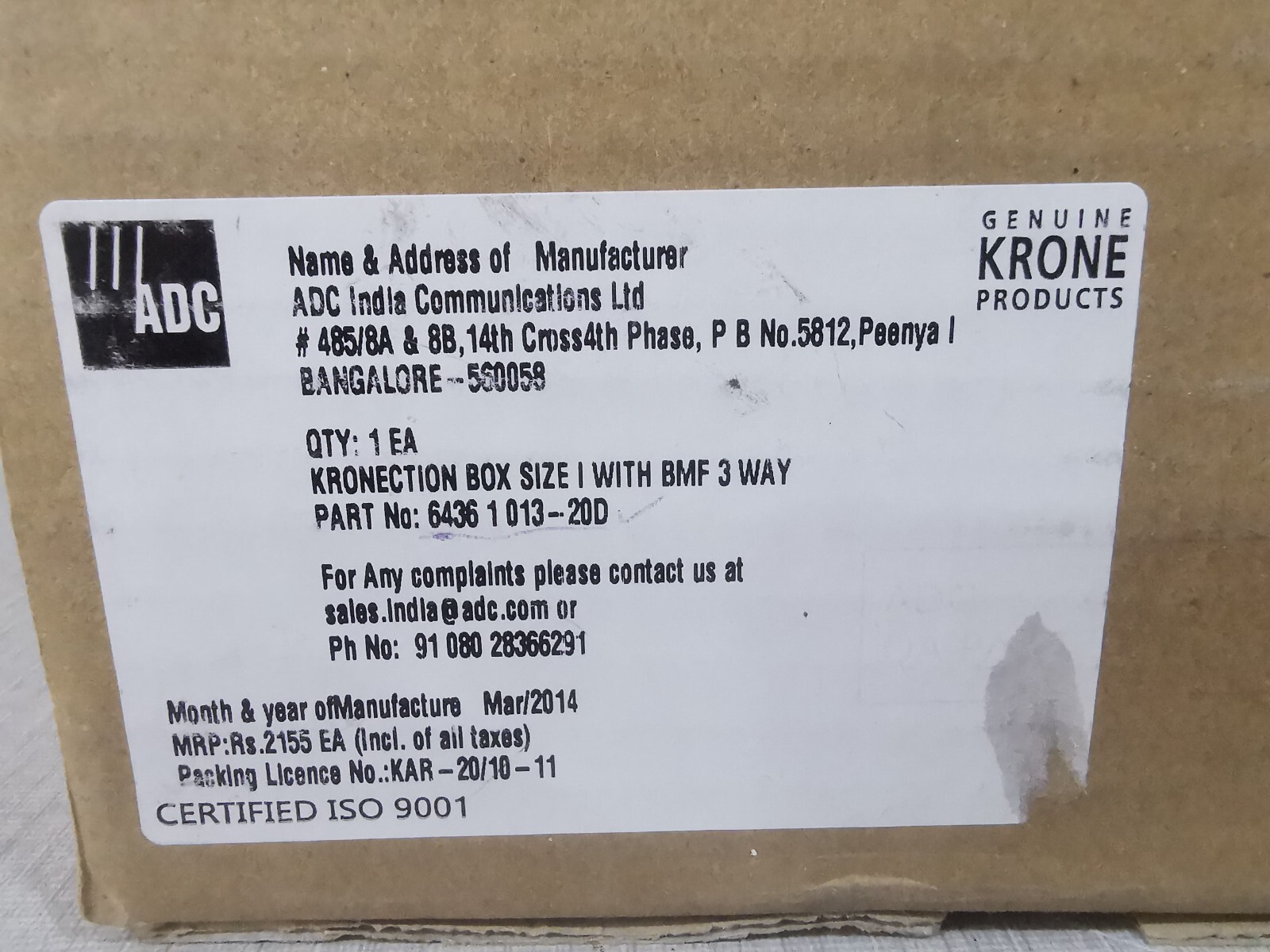 ADC 6436-1-013-20D ADC KRONECTION BOX SIZE II WITH BMF 5 WAY P/N: 6436 1 013-20D 3