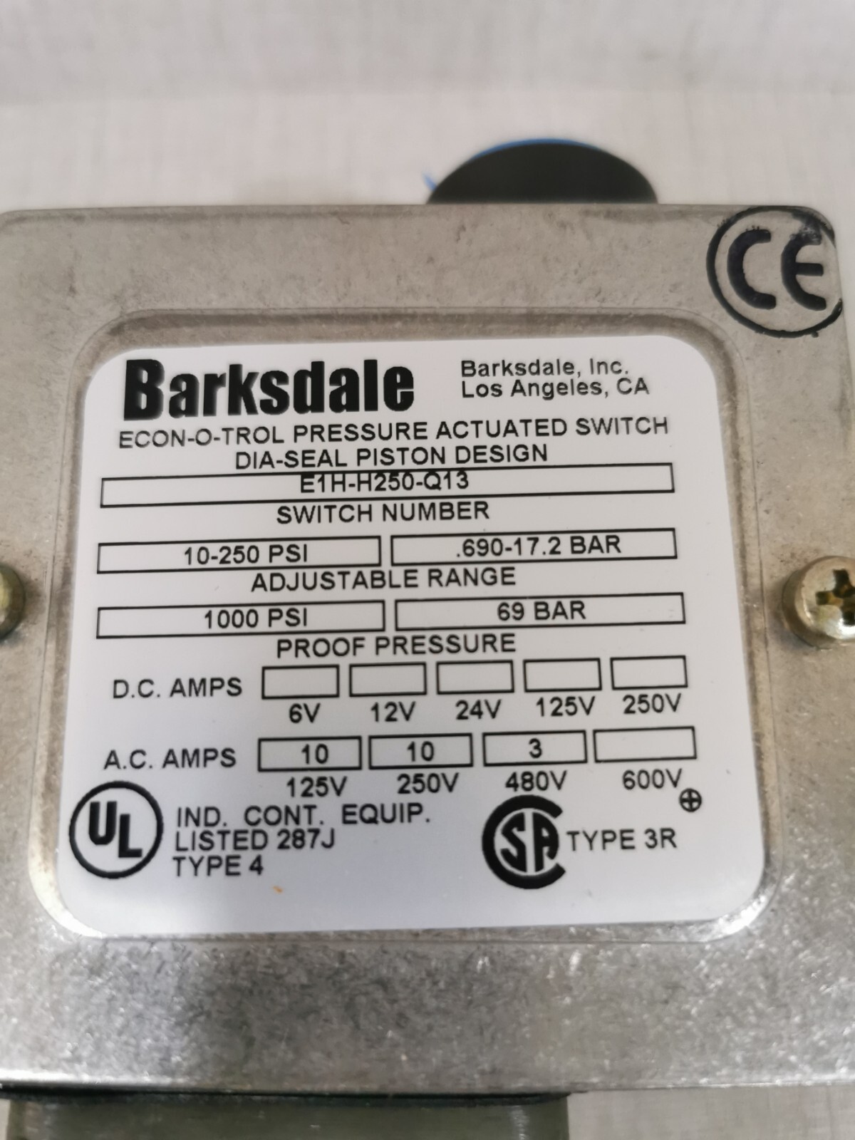 Barksdale E1H-H250-Q13 Barksdale E1H-H250-Q13 ECON-O-TROL PRESSURE ACTUATED SWITCH 2
