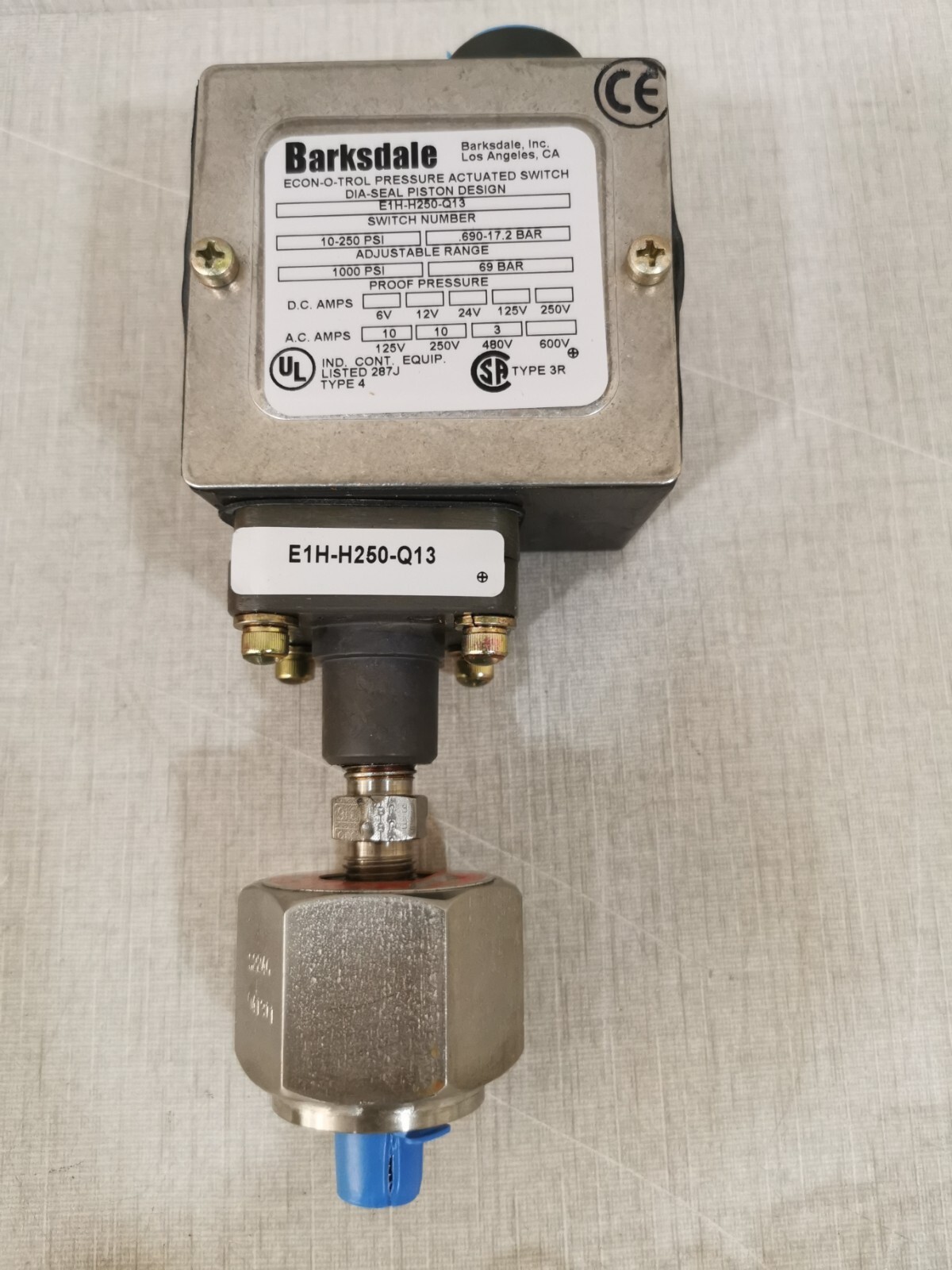Barksdale E1H-H250-Q13 ECON-O-TROL PRESSURE ACTUATED SWITCH