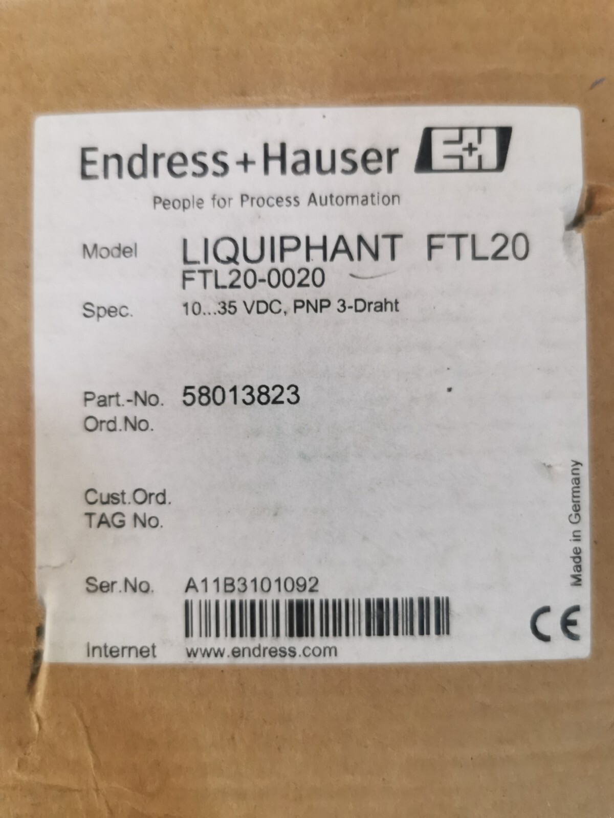 Endress+Hauser FTL20-0020 Endress+Hauser LIQUIPHANT T FTL20-0020 P/N 58013823 FTL20 8