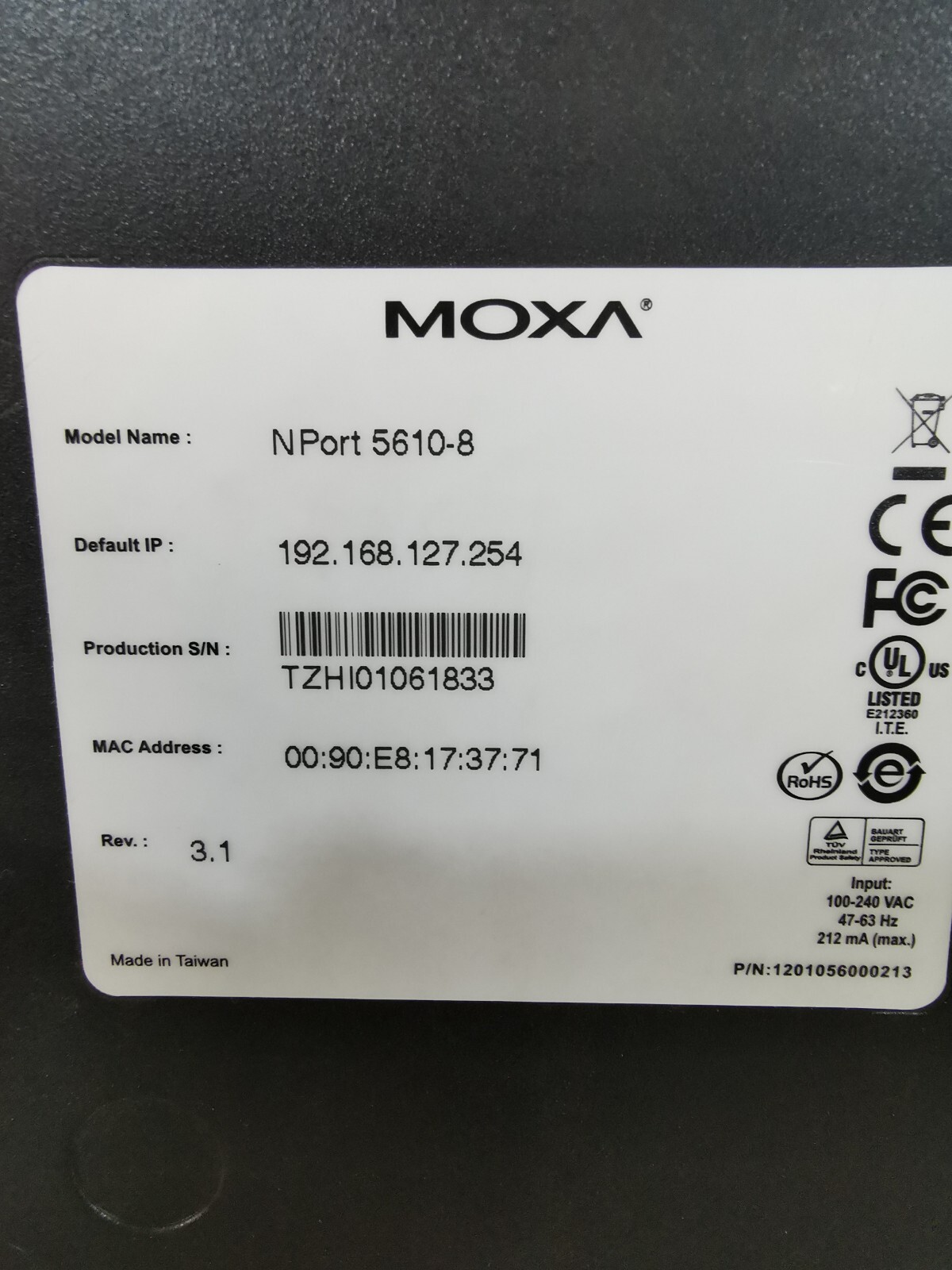 Moxa NPORT-5610 MOXA NPort 5610-8 REV 3.1 Device Server 100-24OVAC 47-63HZ 212MA 5