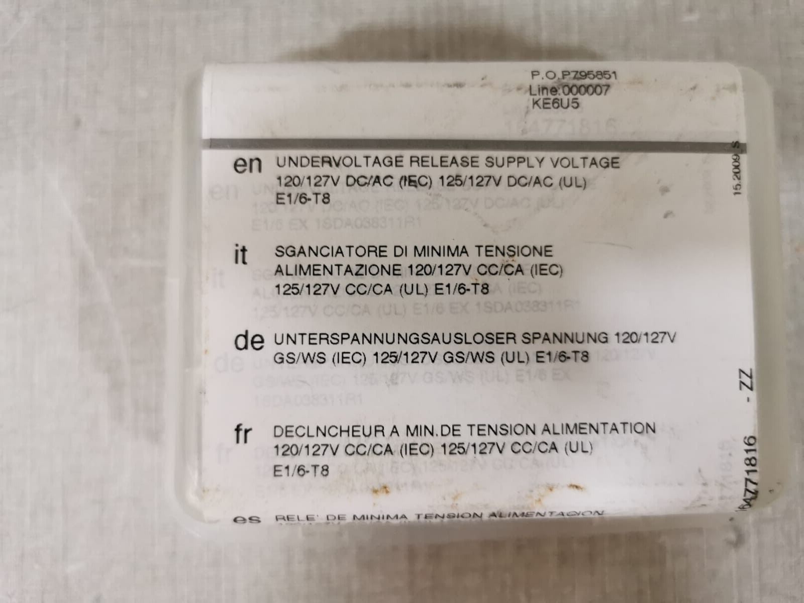 ABB YU-1SDA038311R1 ABB YU-1SDA038311R1 SHUNT UNDERVOLTAGE RELEASE FOR LOW VOLTAGE BREAKER SACE 7