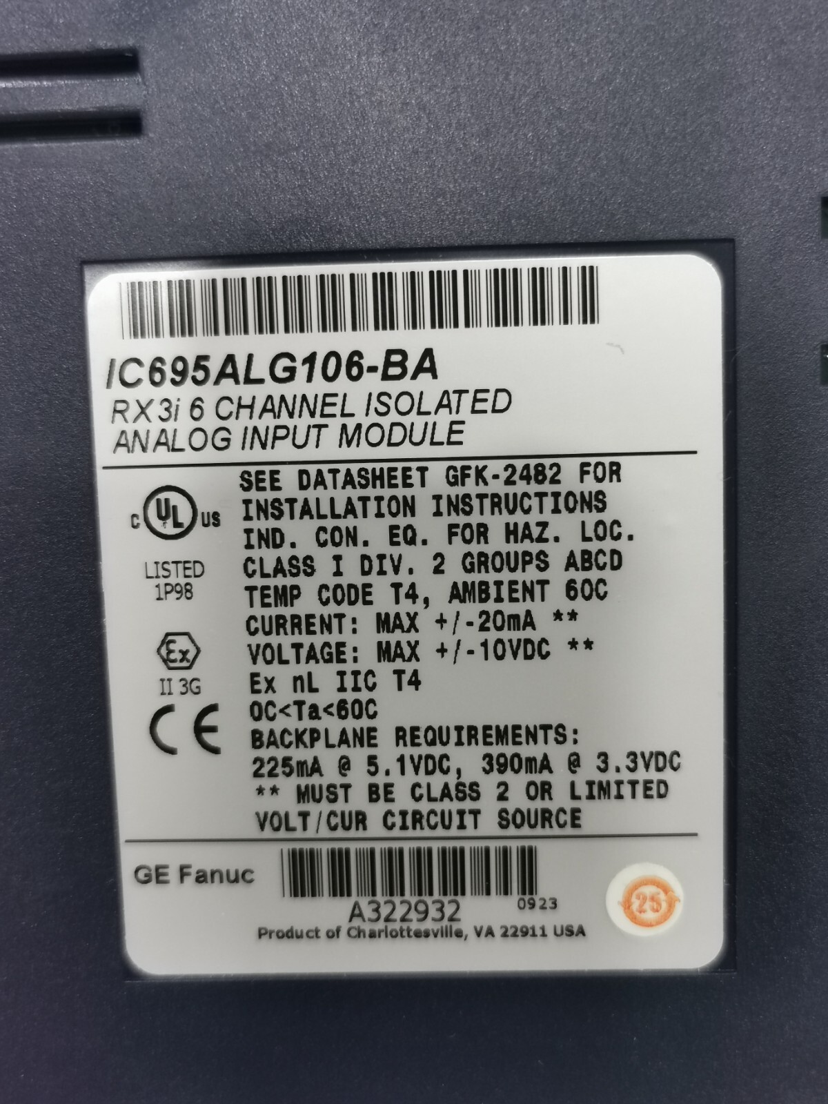 GE IC695ALG106-BA GE FANUC IC695ALG106-BA RX3i 6 CHANNEL ISOLATED ANALOG INPUT MODULE 4