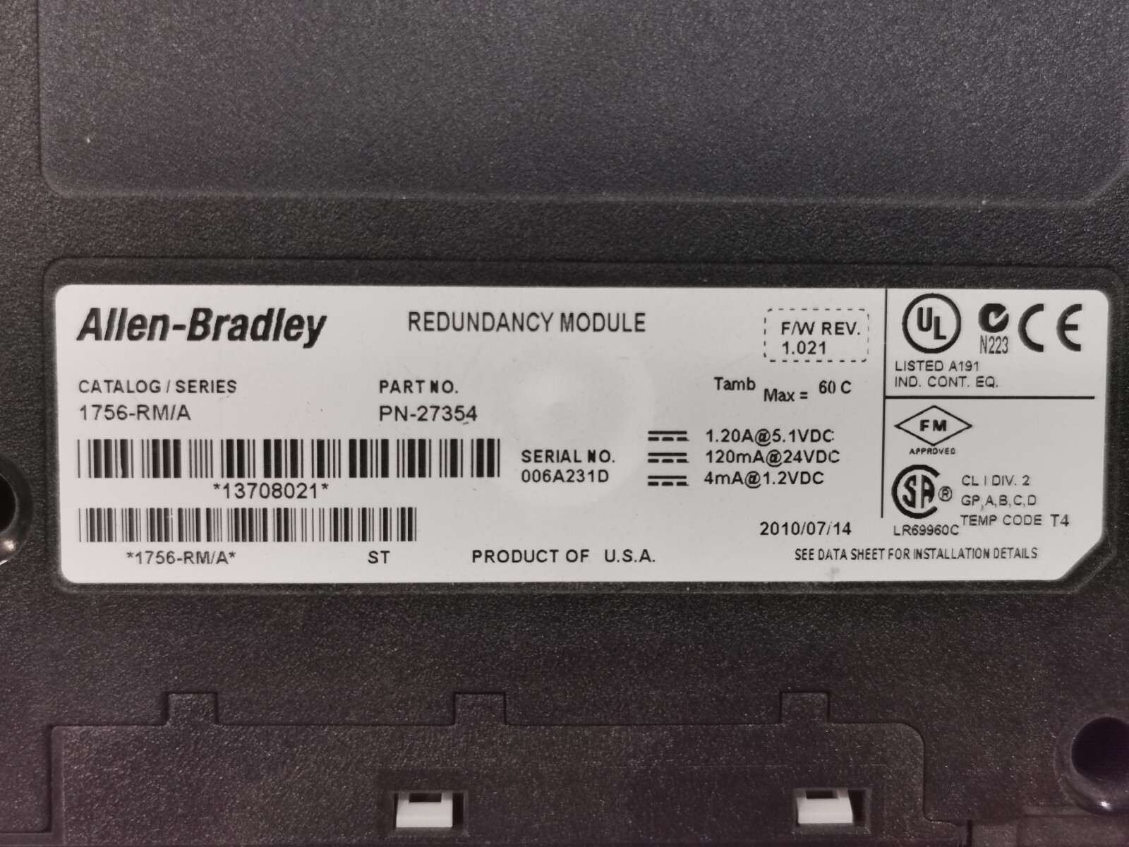 Allen-Bradley PN-27354 F/W REV 1.021 Allen Bradley 1756-RM/A Redundancy Module PN-27354 F/W REV 1.021 3