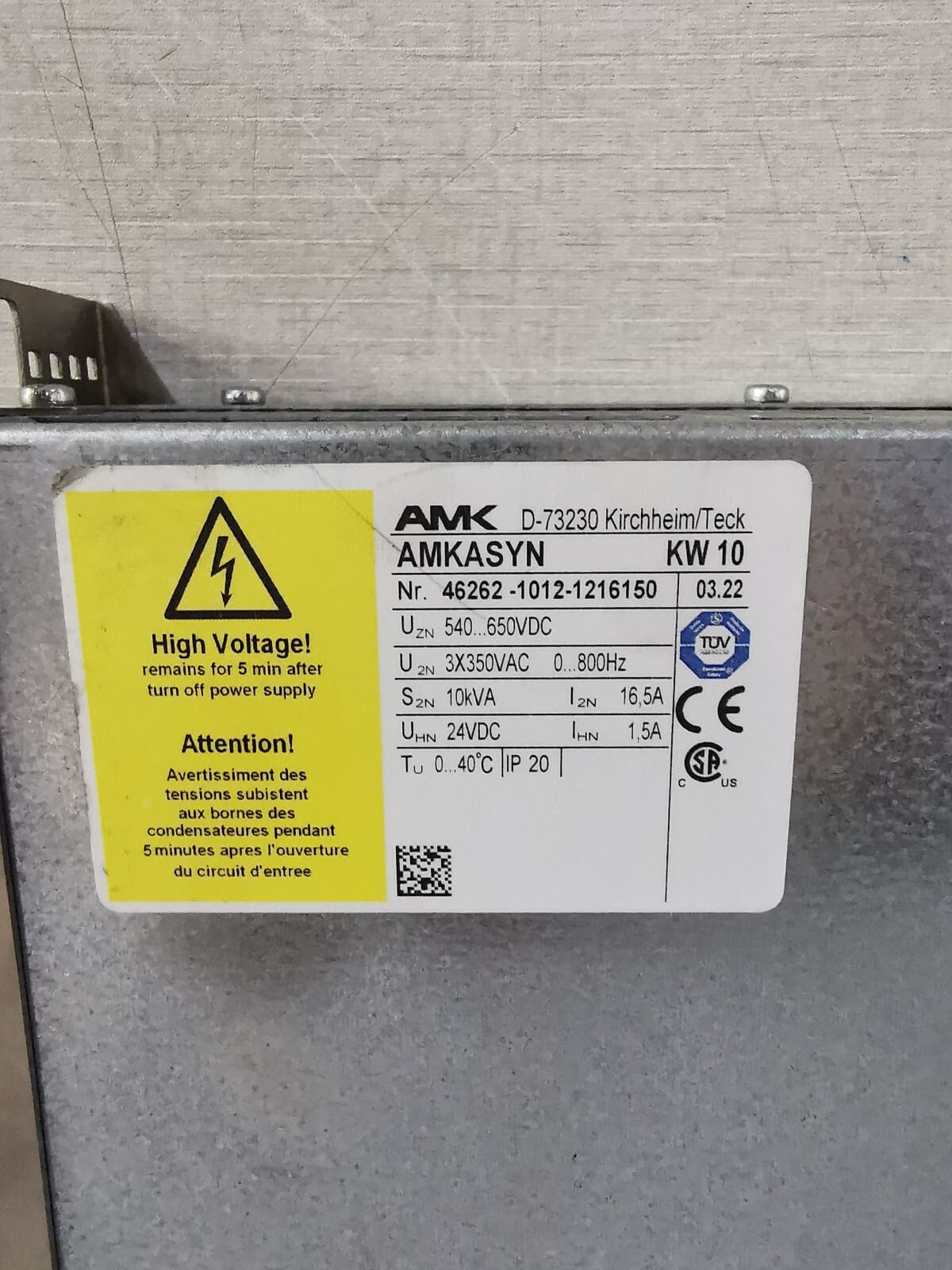 AMK D-73230 KIRCHHEIM/TECKPOWER AMK KW 10 AMKASYN D-73230 KIRCHHEIM/TECKPOWER SUPPLY 24VDC 6