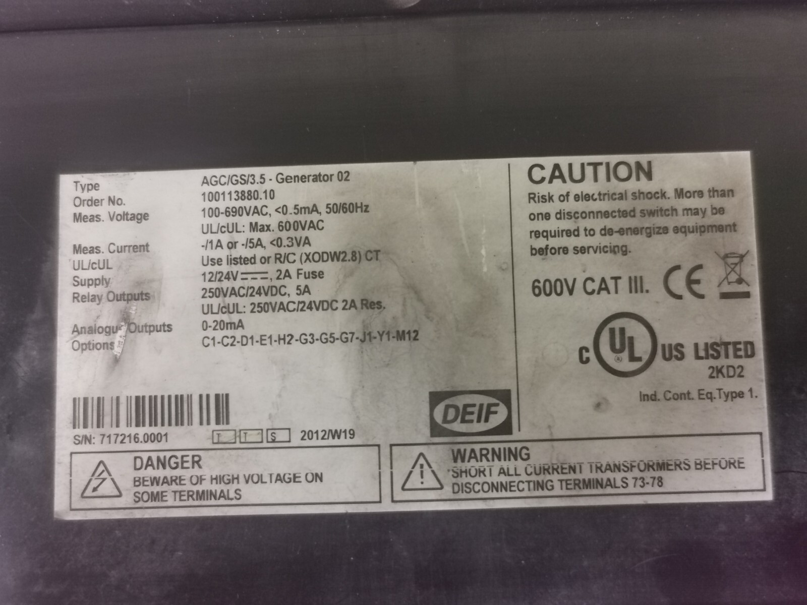 GE AGC/GS/3.5-GENERATOR DEIF AGC/GS/3.5-Generator 02 Controller 100113880.10 Without Lock 6