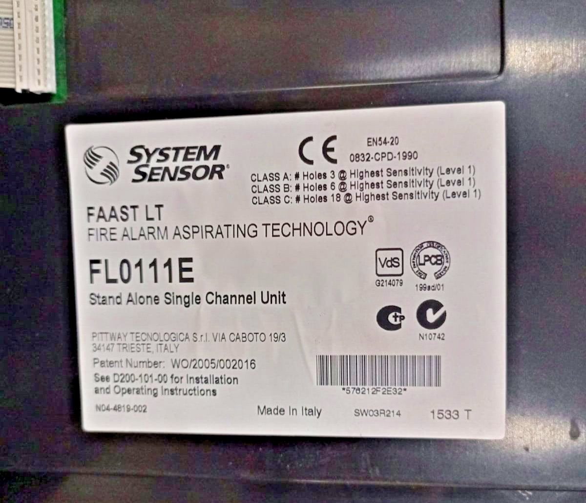 SYSTEM SENSOR FL0111E SYSTEM SENSOR FAAST FL0111E SINGLE CHANNEL ASPIRATING DETECTOR 7