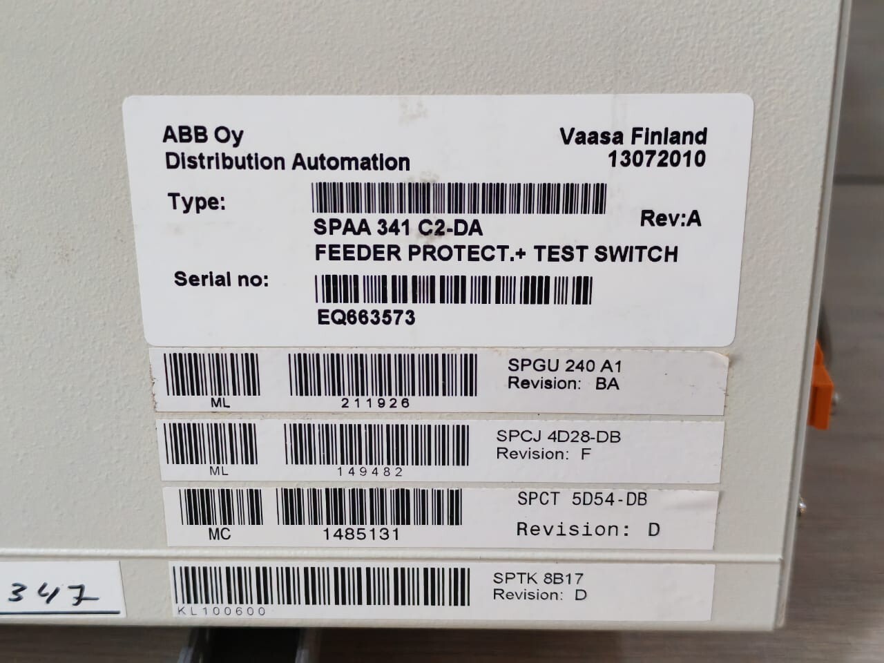 ABB SPAA 341 C2 ABB SPAA 341 C2 REV.A FEEDER PROTECTION + TEST SWITCH RELAY 10