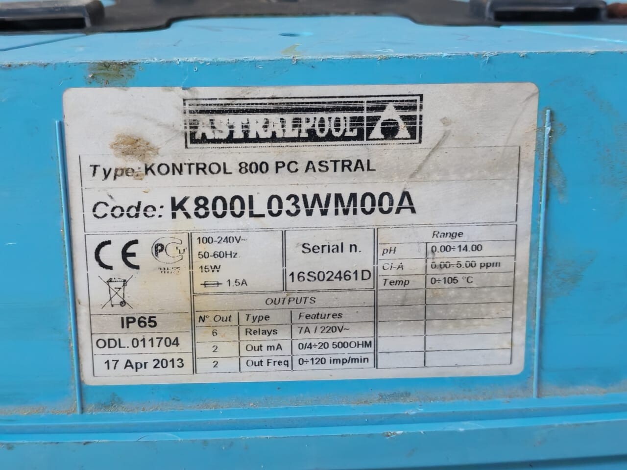 ASTRALPOOL K800L03WM00A ASTRALPOOL KONTROL 800 PC ASTRAL K800L03WM00A 100-240VAC 50-60Hz PANEL 9