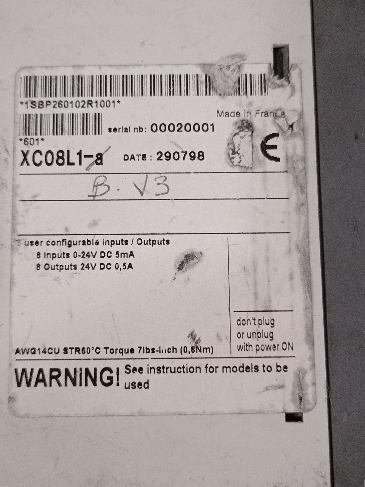 ABB XC08L1 ABB XC08L1 ESSAI TYPE SERIE 0 1SBP260102R1001 2