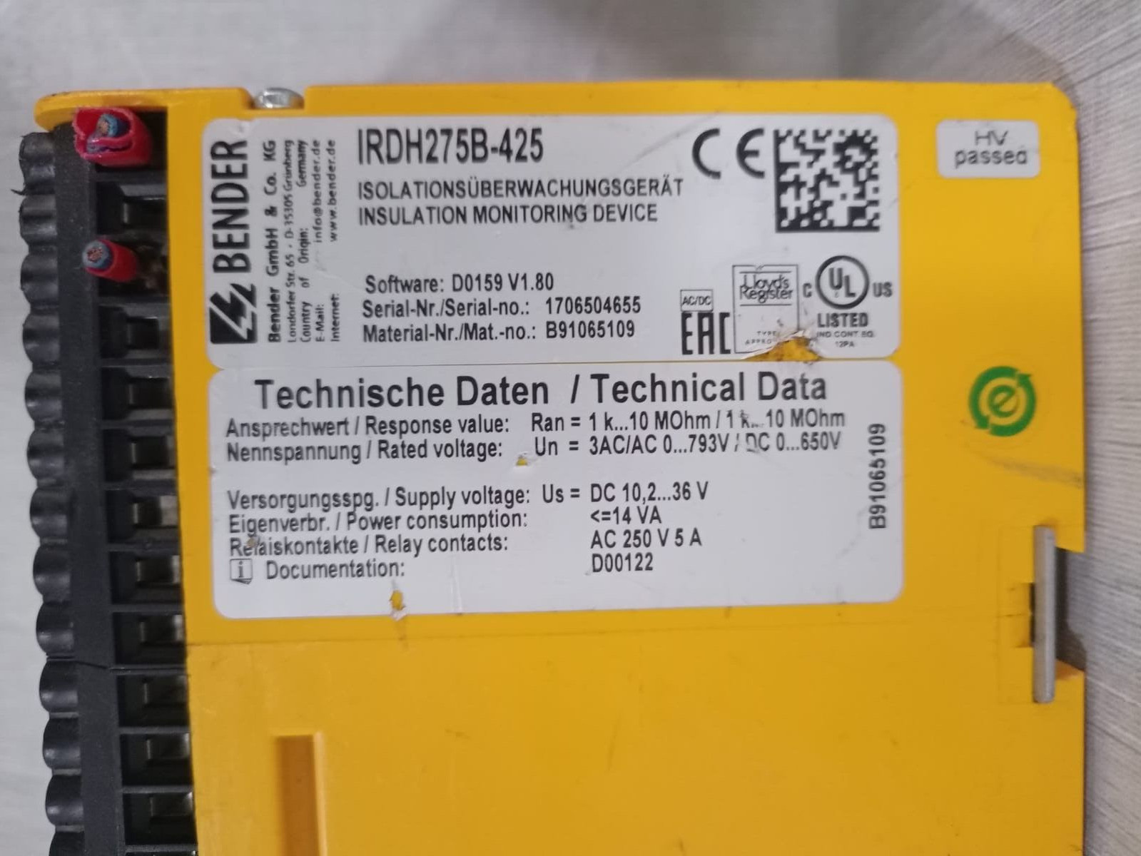 BENDER IRDH275B -425 BENDER IRDH275 ISOMETER IRDH275B -425 2