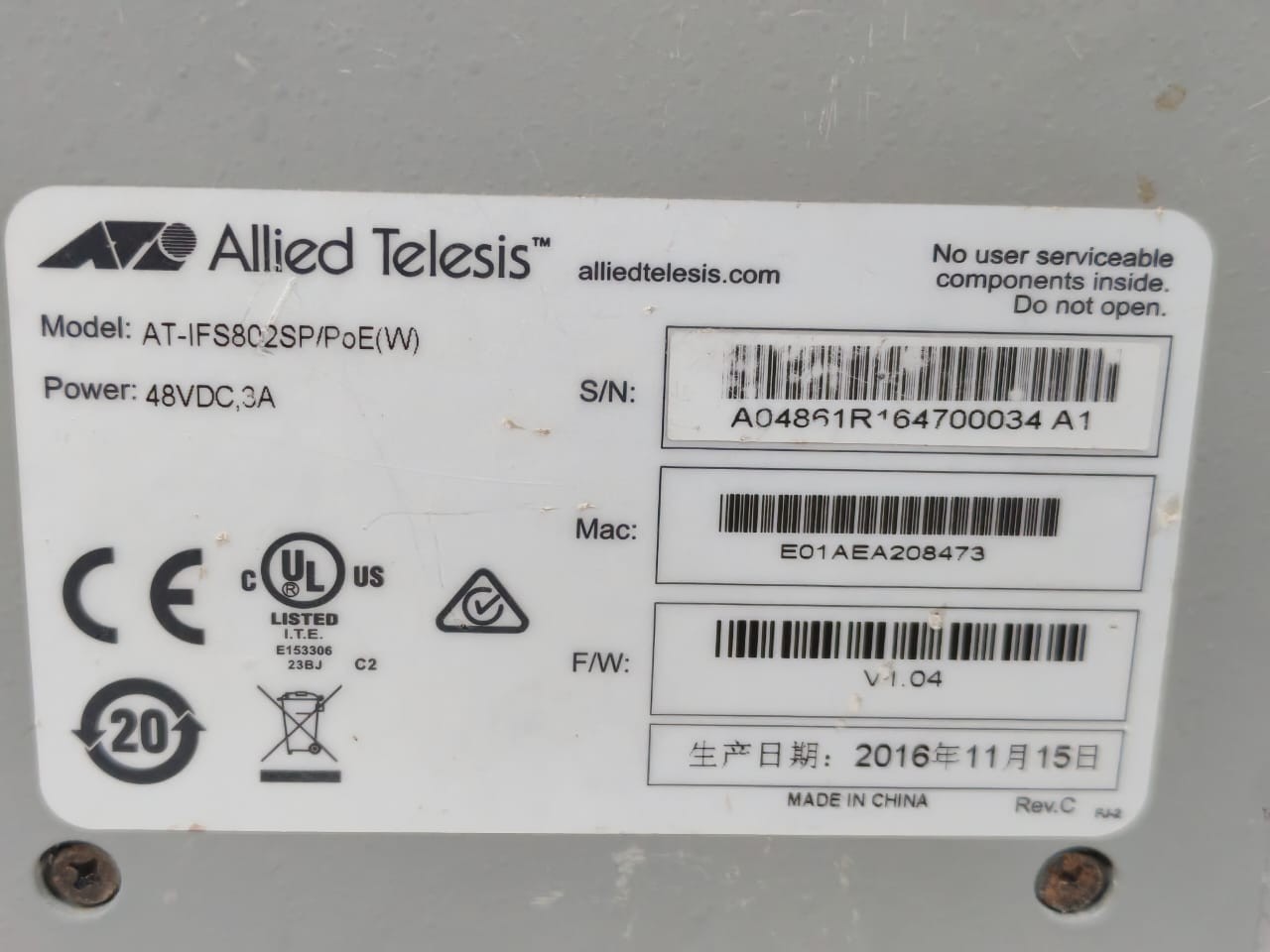 Allied Telesis AT-IFS802SP/PoE(W) Allied Telesis AT-IFS802SP/PoE(W) 48VDC,3A F/W V1.04 Switch 9