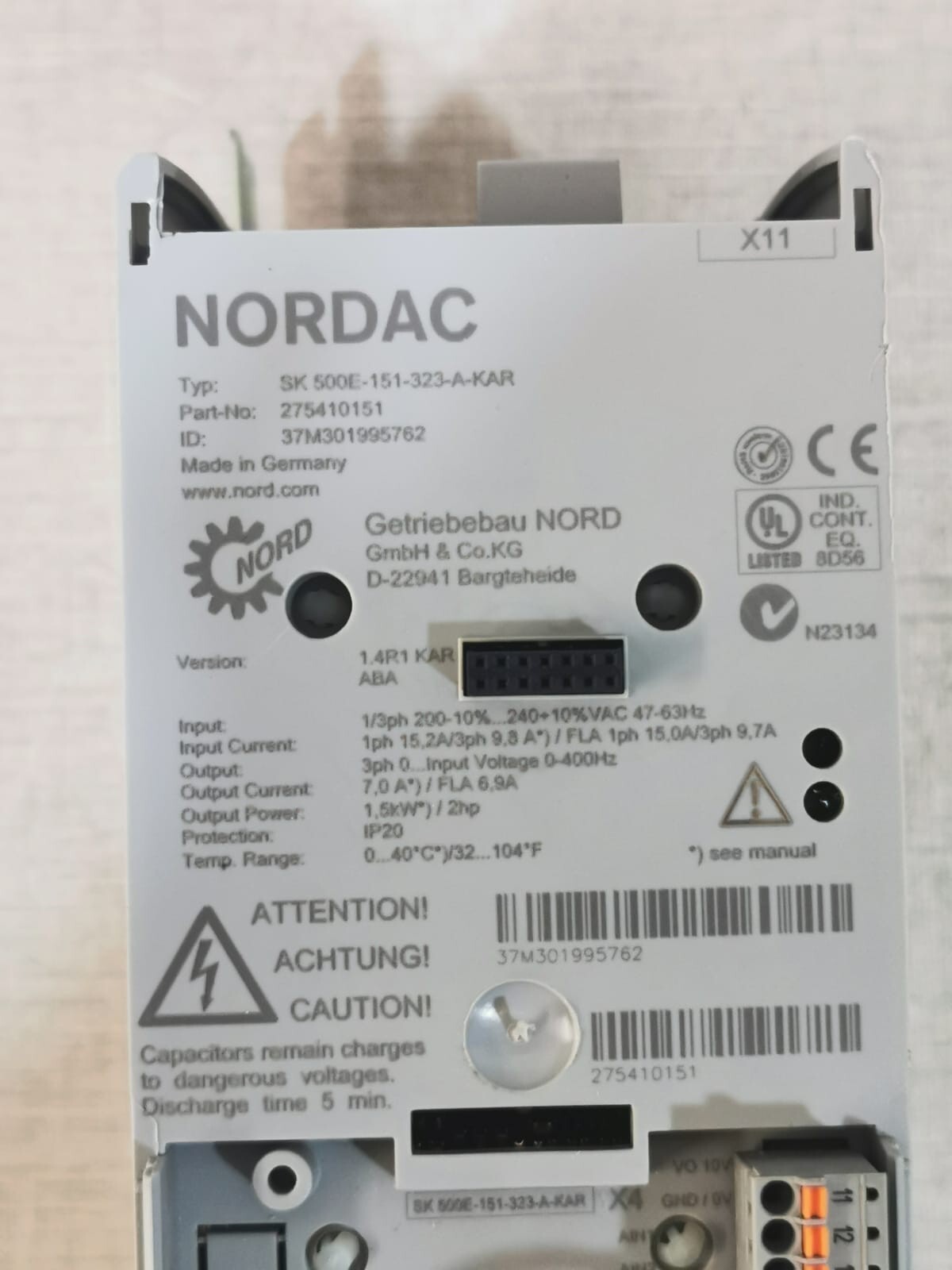 NORDAC SK 500E-151-323-A-KAR NORDAC SK 500E-151-323-A-KAR / Part No: 275410151 Inverter Drive 3