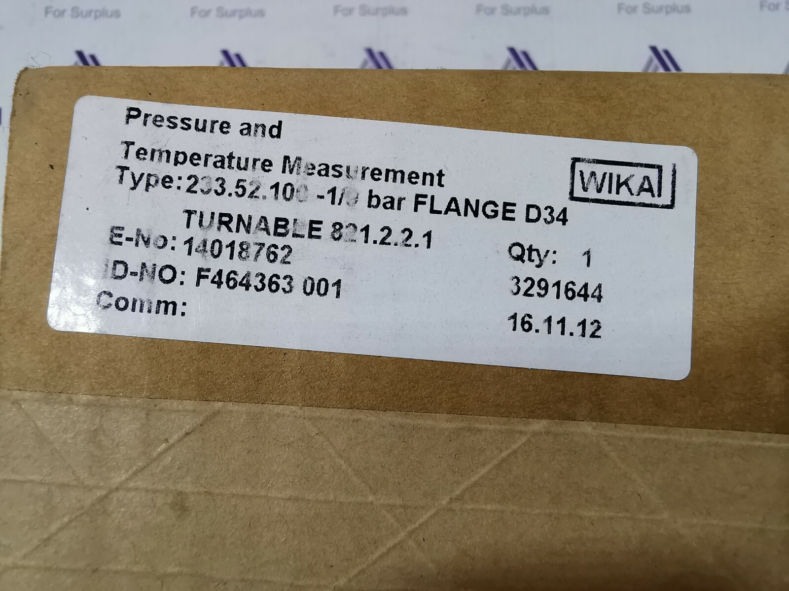 WIKA 233.52.100 WIKA 233.52.100-1/9 BAR FLANGE D34 821.2.2.1 PRESSURE & TEMP.MEASUREMENT 3