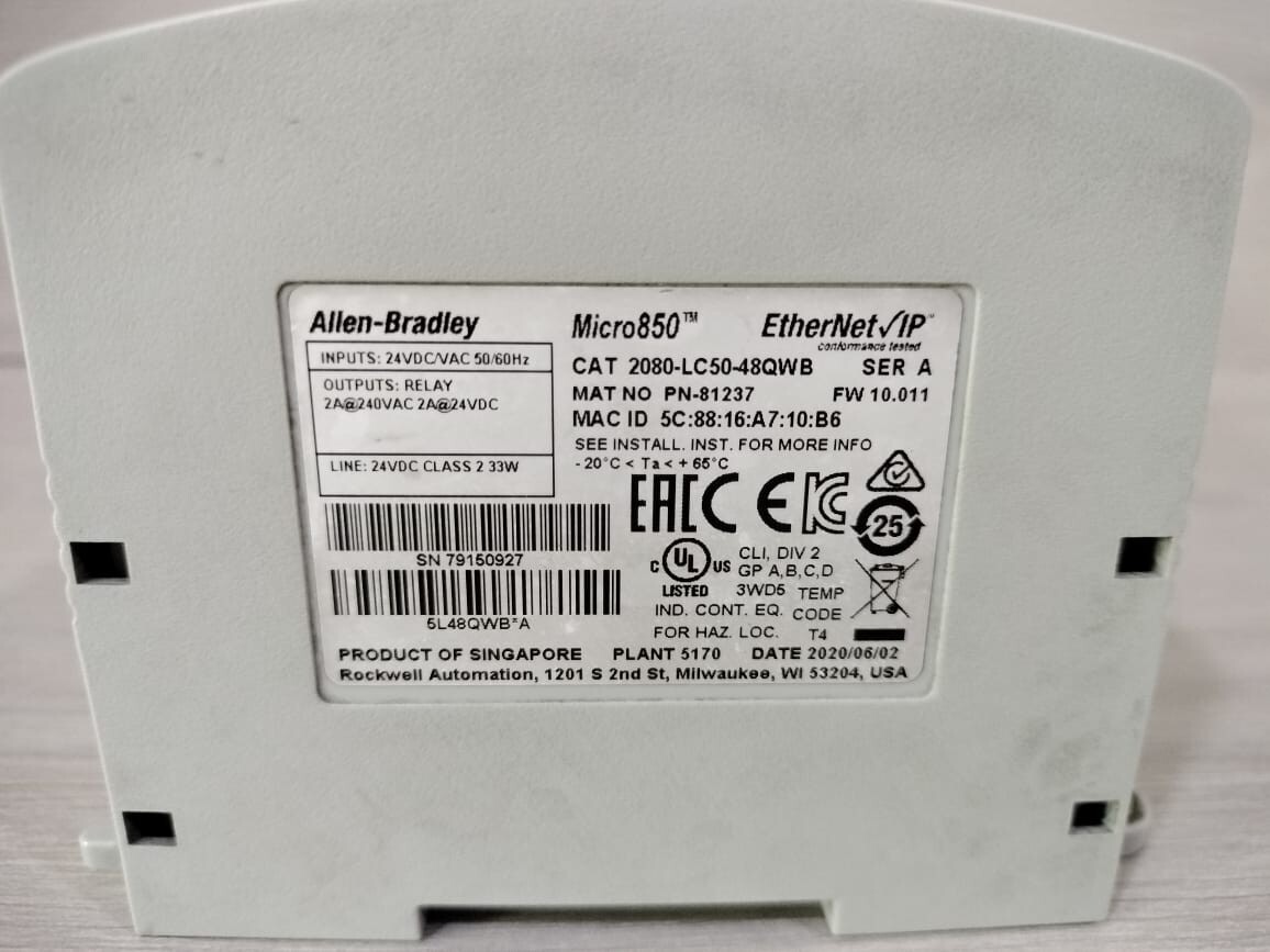 Allen-Bradley 280-LC50-48QWB Allen Bradley Micro 850 Controller 280-LC50-48QWB SER A FW 12.001 8