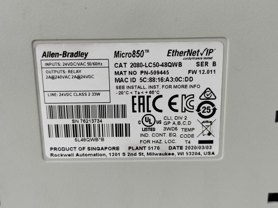 Allen-Bradley 2080-LC50-48QWB Allen Bradley Micro850 Controller 2080-LC50-48QWB SER B FW 12.011 9
