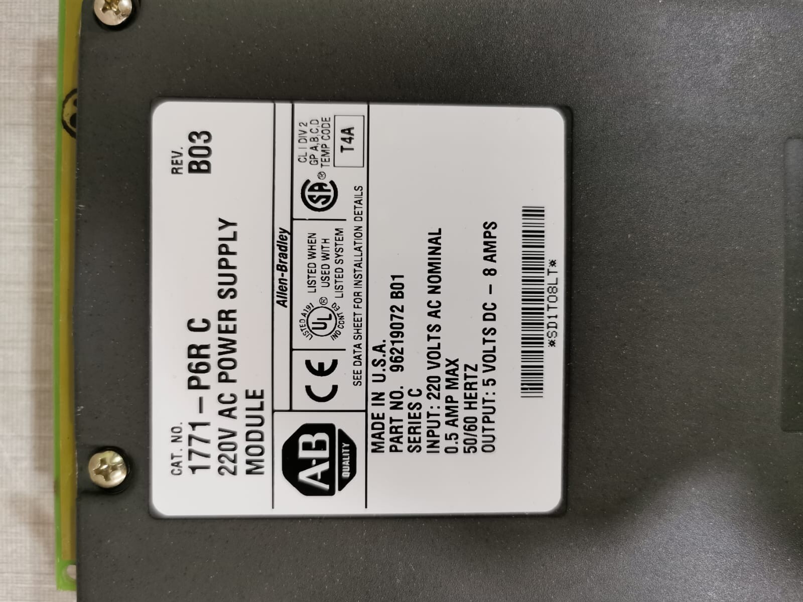 Allen-Bradley 1771-P6R Allen Bradley 1771-P6R C Rev. B03 220V AC Power Supply Module 10