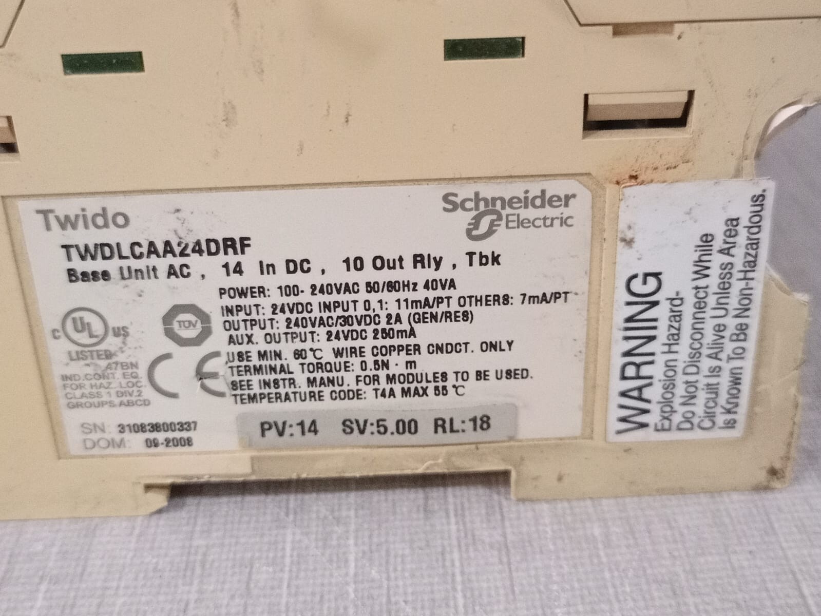 Schneider Electric PV-14 Telemecanique By Schneider TWDLCAA24DRF Compact Base Controller PV:14 SV:5 RL:18 3