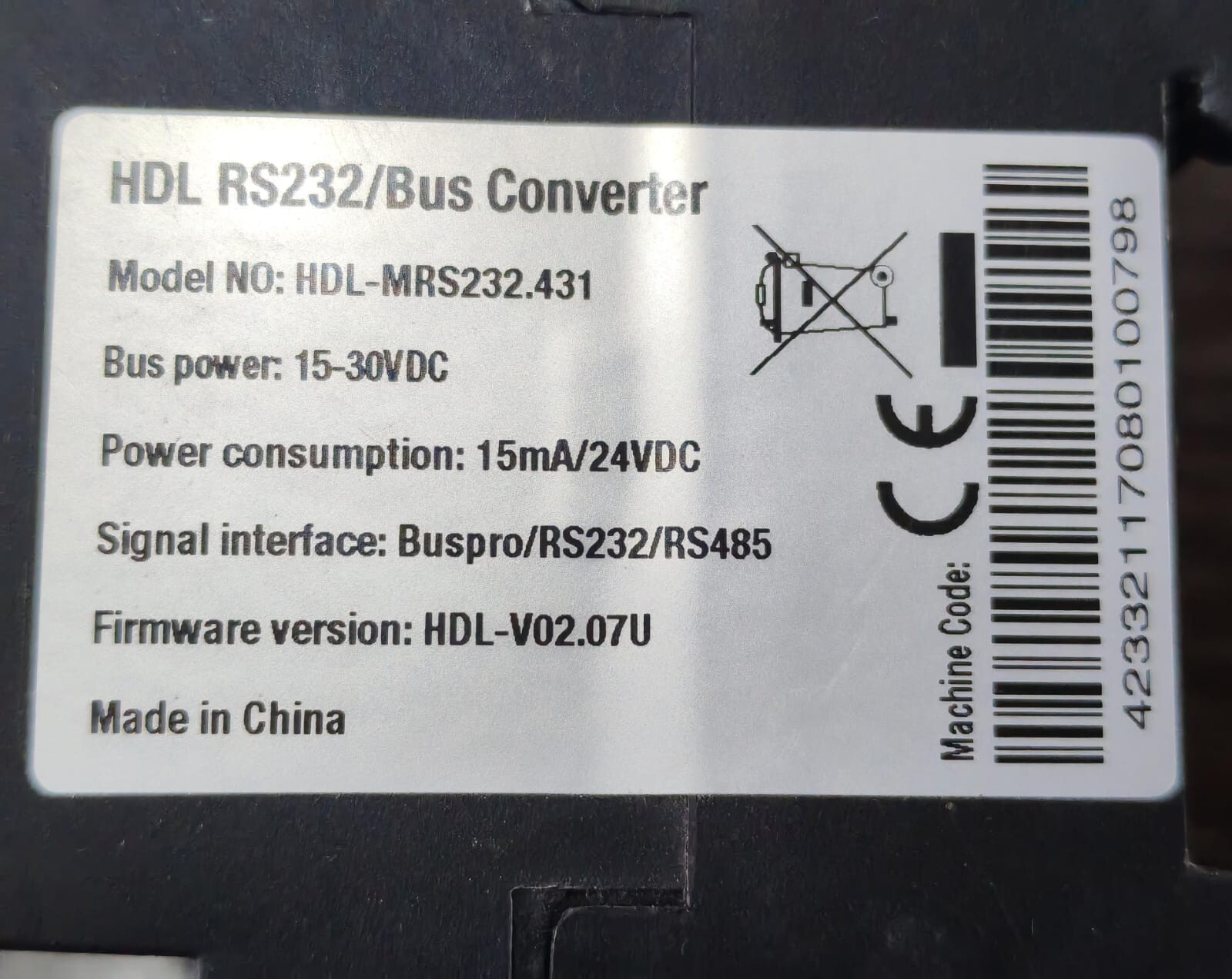 HDL MRS232.431 HDL MRS232.431 F/W VER.V02.07U HDL RS232 BUS CONVERTER 3