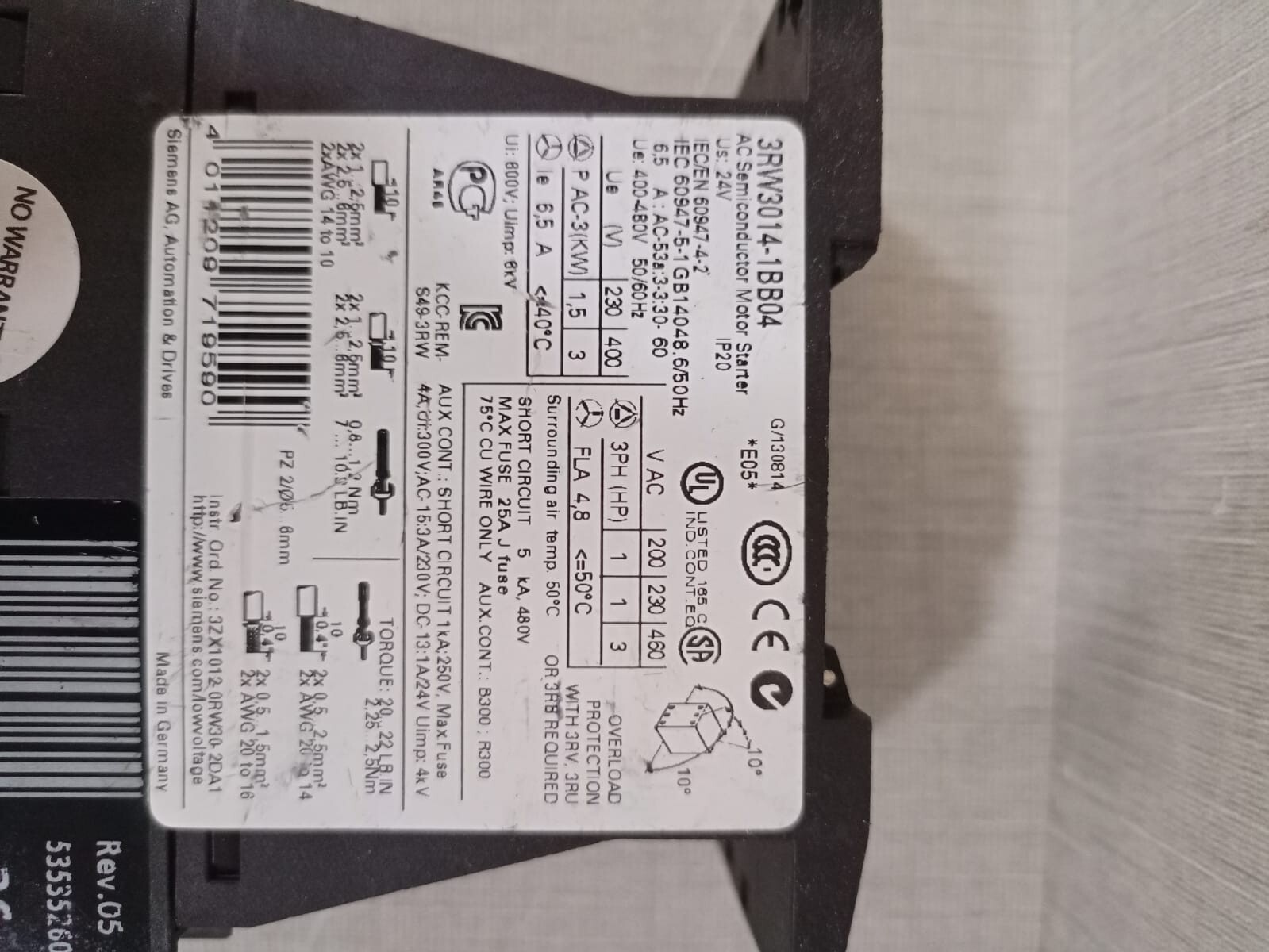 Siemens 3RW3014-1BB04 Siemens Sirius 3RW3014-1BB04 AC Semiconductor Motor Starter 3