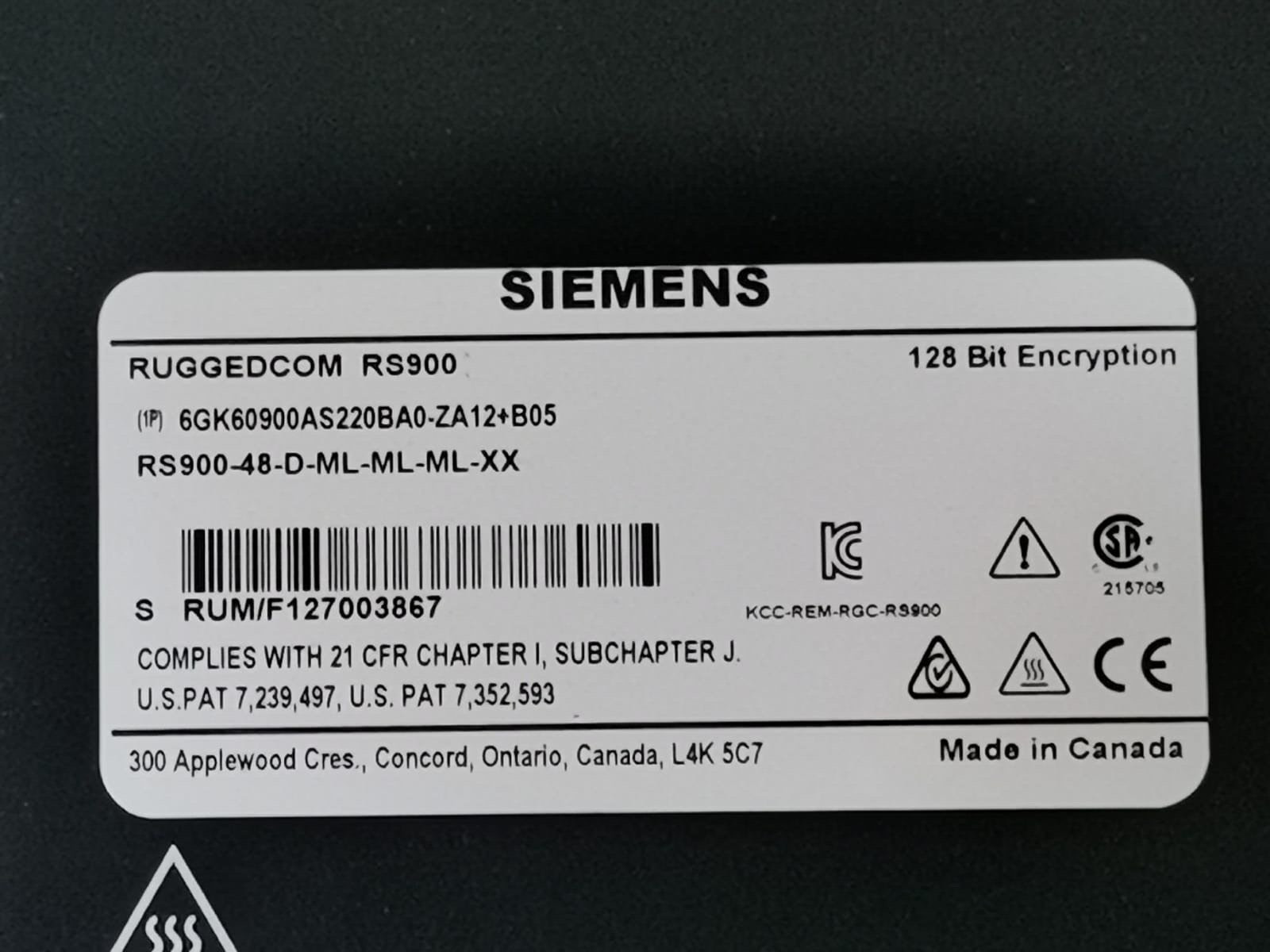 Siemens RS900-48-D-ML-ML-XX Siemens 6GK60900AS220BA0-ZA12+B05 RUGGECOM RS900-48-D-ML-ML-XX 2