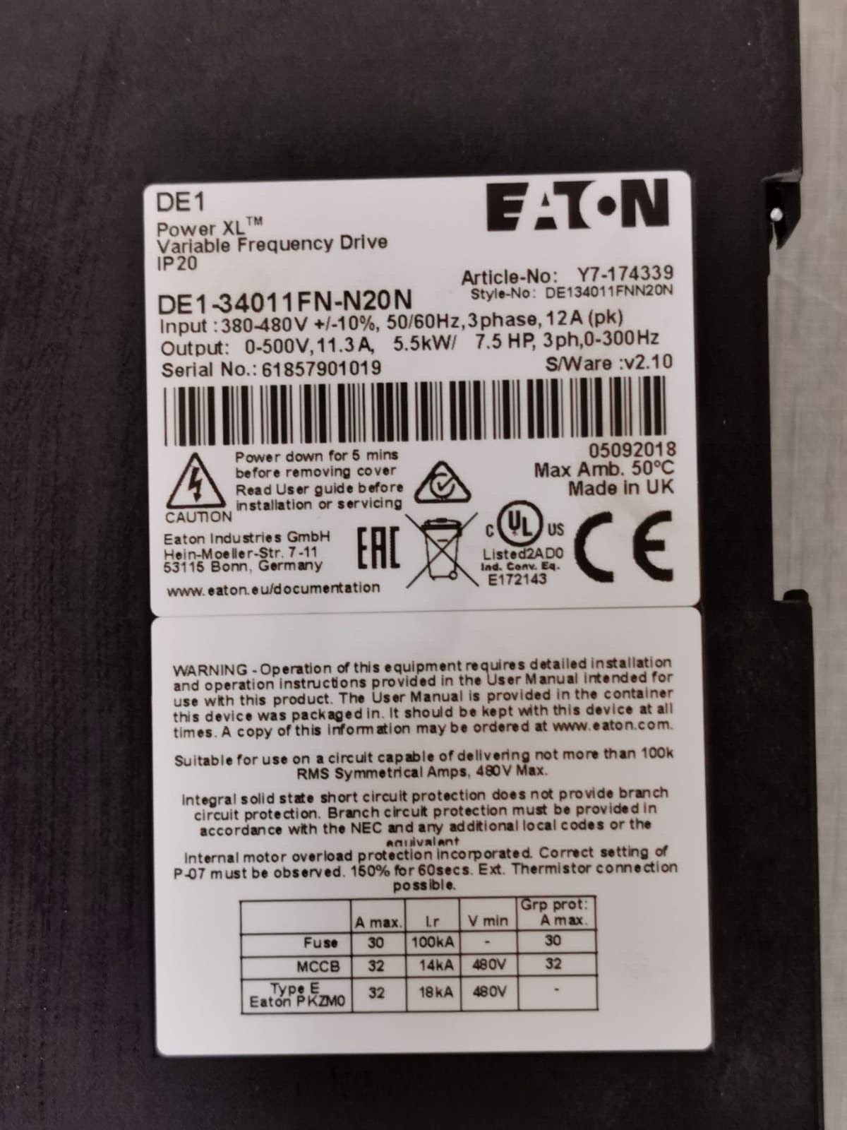Eaton DE1-34011FN-N20N Eaton DE1-34011FN-N20N Variable Frquency Drive 2