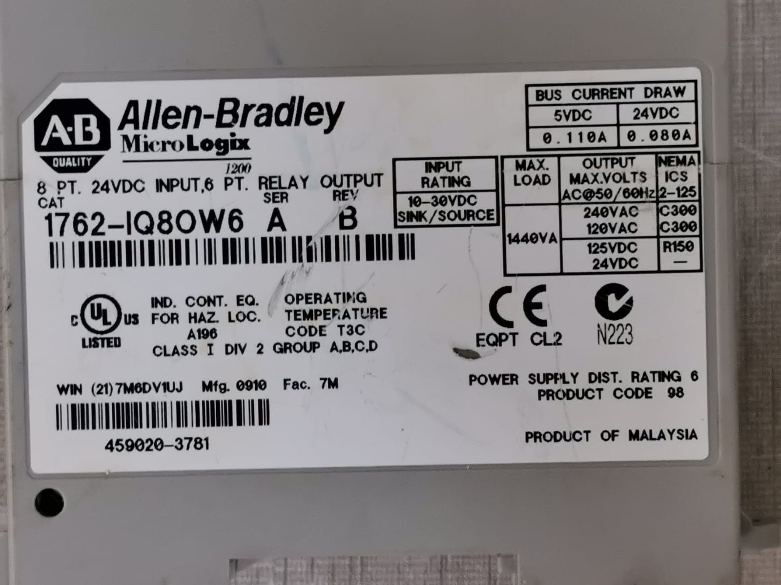 Allen-Bradley 1762-IQ8OW6 Allen Bradley 1762-IQ8OW6 MicroLogix Input Relay 3