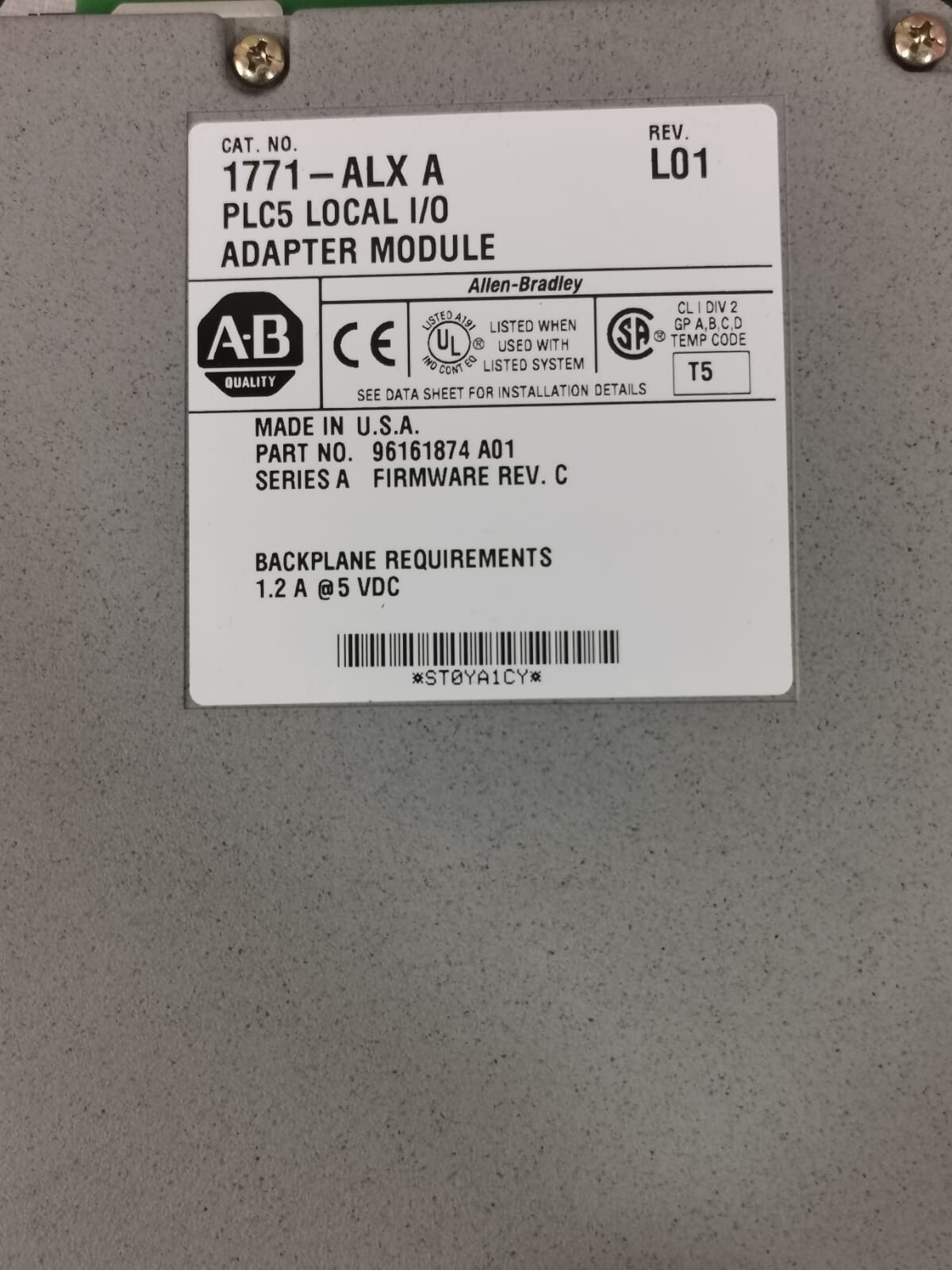 Allen-Bradley 1771-ALX Allen Bradley 1771-ALX PLC5 Local I/O Adapter Module Ser A Rev. L01 2
