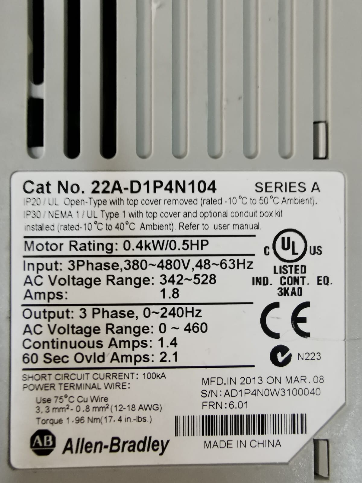 Rockwell Automation 22A-D1P4N104 Allen Bradley 22A-D1P4N104 POWERFLEX 4 Ser A Drive 4