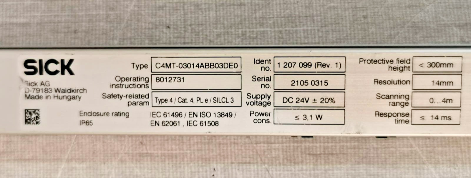 SICK C4MT-03014ABB03DE0 Sick Mini Twin4 C4MT-03014ABB03DE0 Safety Light Curtain 1207099 REV.1 300MM 3