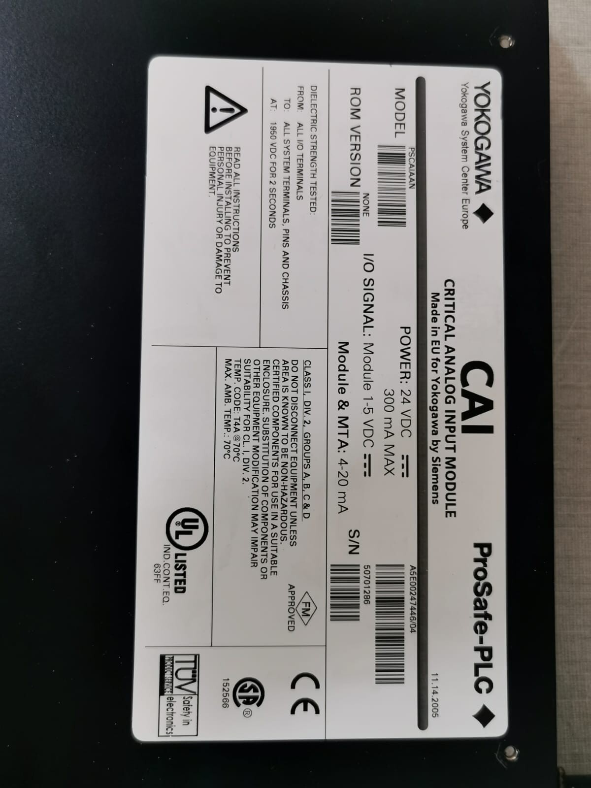 Siemens PSCAIAAN CAI YOKOGAWA by Siemens Pro-Safe-PLC PSCAIAAN CRITICAL ANALOG INPUT MODULE 3