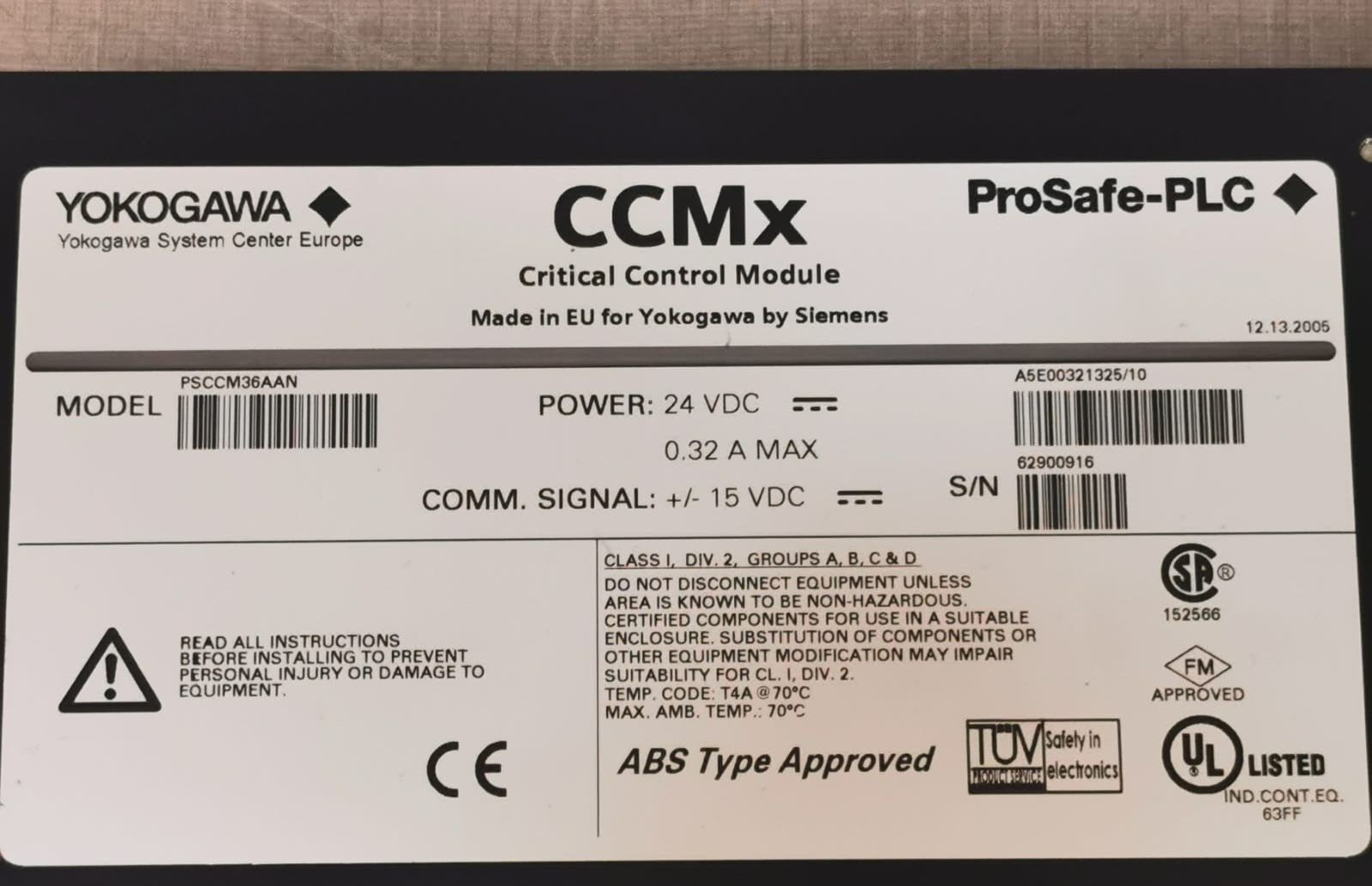 Yokogawa PSCCM36AAN Yokogawa PSCCM36AAN A5E00321325/10 Critical Control Module CCMx 6m Prosafe-PLC 3