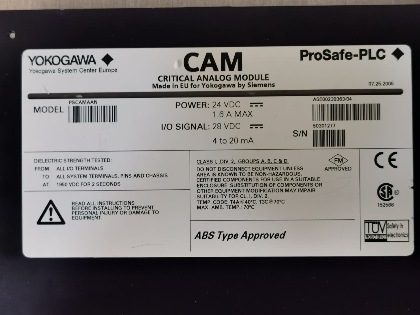 Yokogawa PSCAMAAN Yokogawa PSCAMAAN A5E00239363/04 Critical Analog Module ProSafe-PLC 3