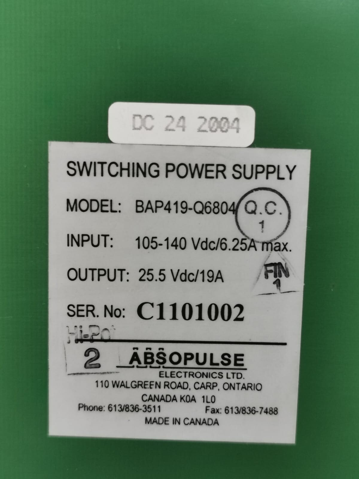 ABSOPULSE Electronics LTD. BAP419-Q6804 ABSOPULSE Electronics BAP419-Q6804 DC/DC Converter Switching Power Supply 6