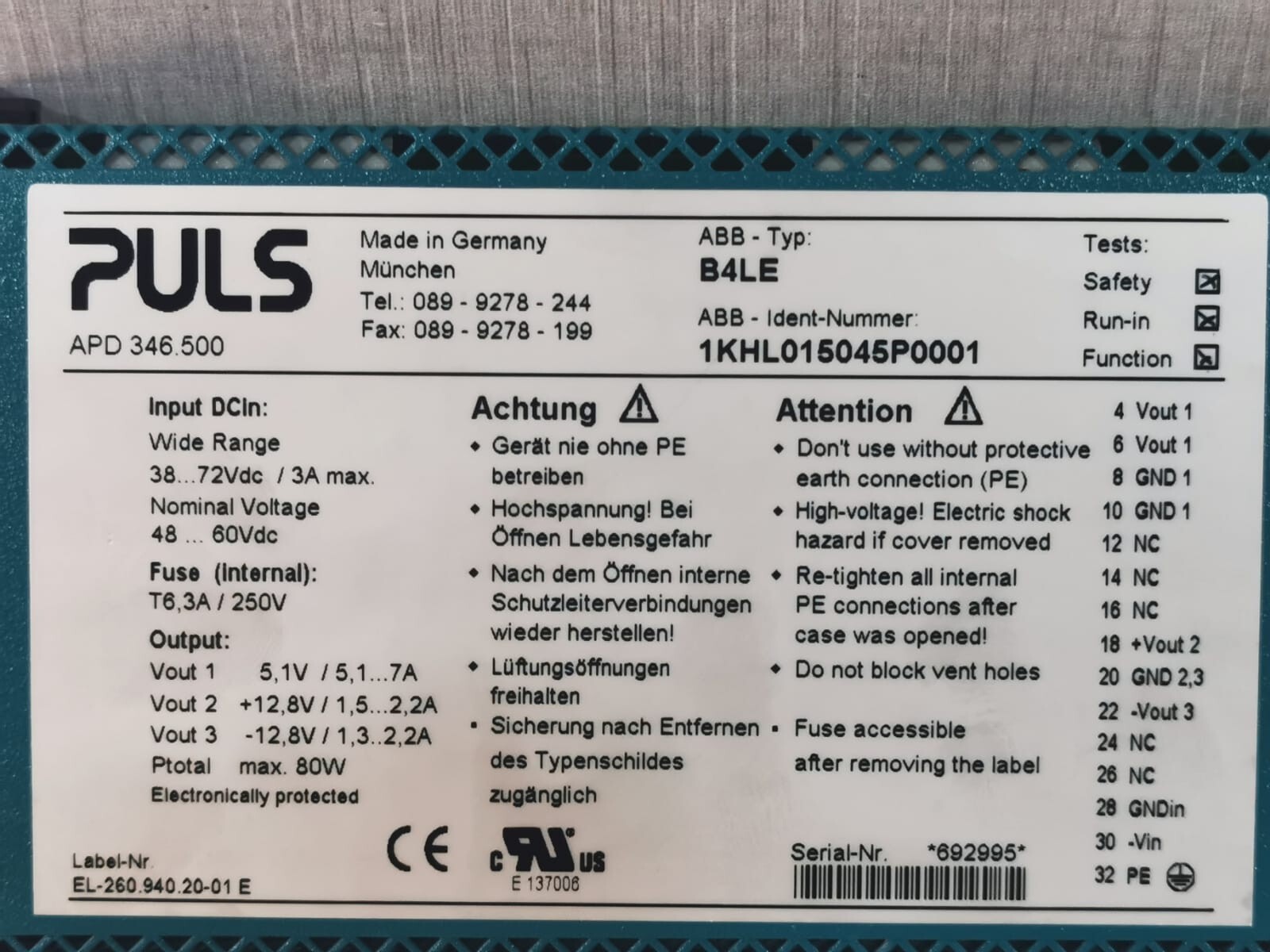 ABB APD346.500 / B4LE 1KHL015045P00010 ABB PULS APD346.500 / B4LE 1KHL015045P00010 250V POWER MODULE 3