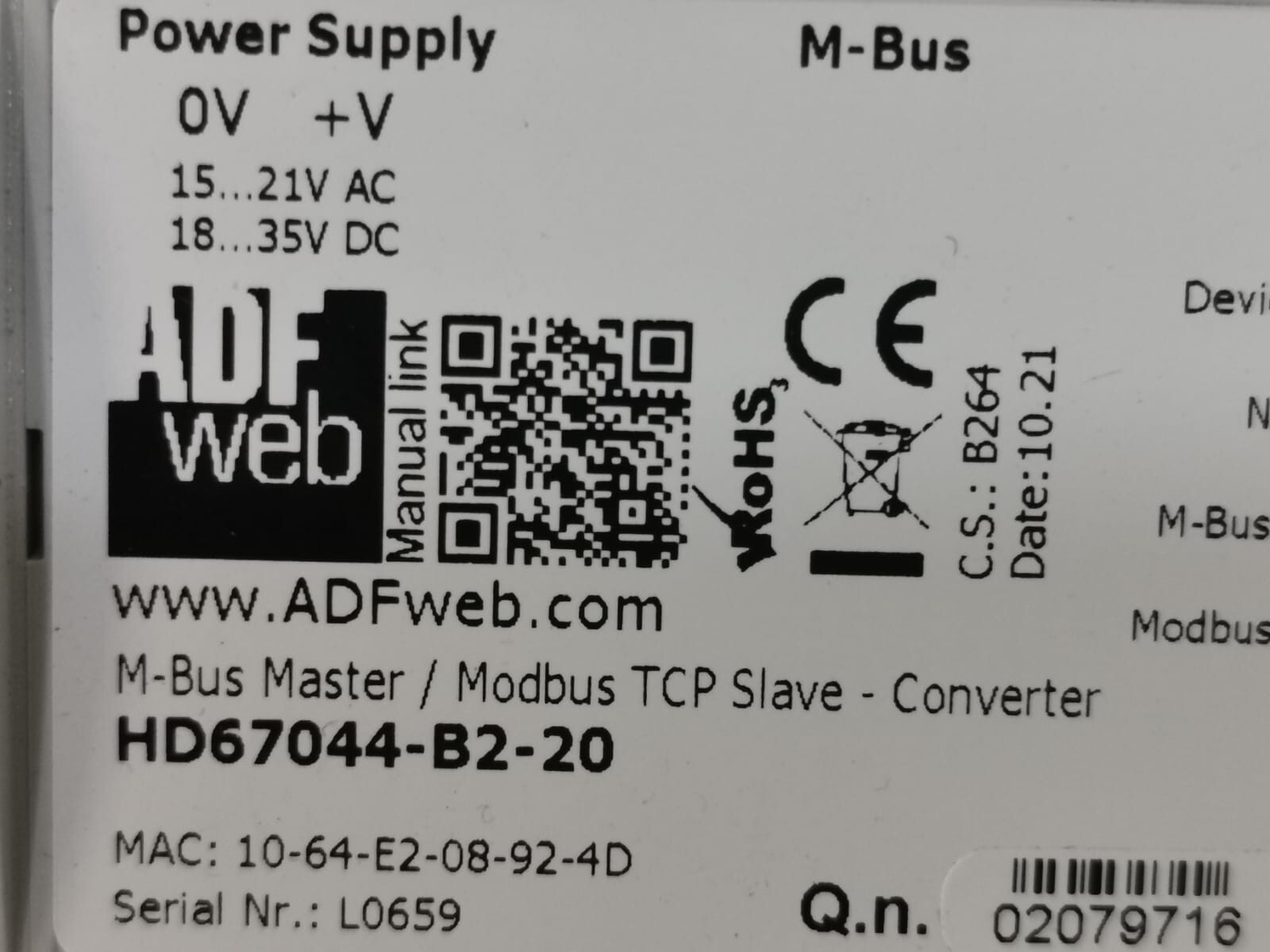 ADF WEB HD67044-B2-20 ADF WEB HD67044-B2-20 M-BUS MASTER/MODBUS TCP SLAVE-CONVERTER 3