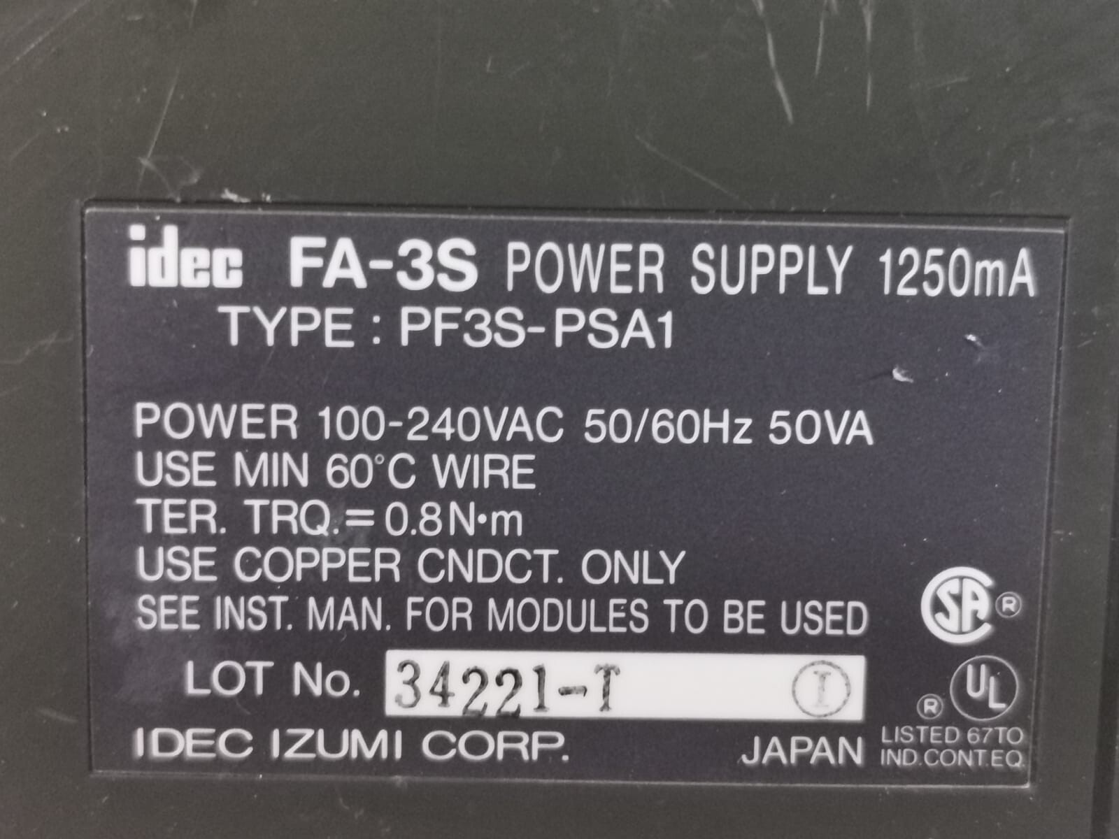 IDEC PF3S-PSAI IDEC FA-3S POWER SUPPLY PF3S-PSAI 3