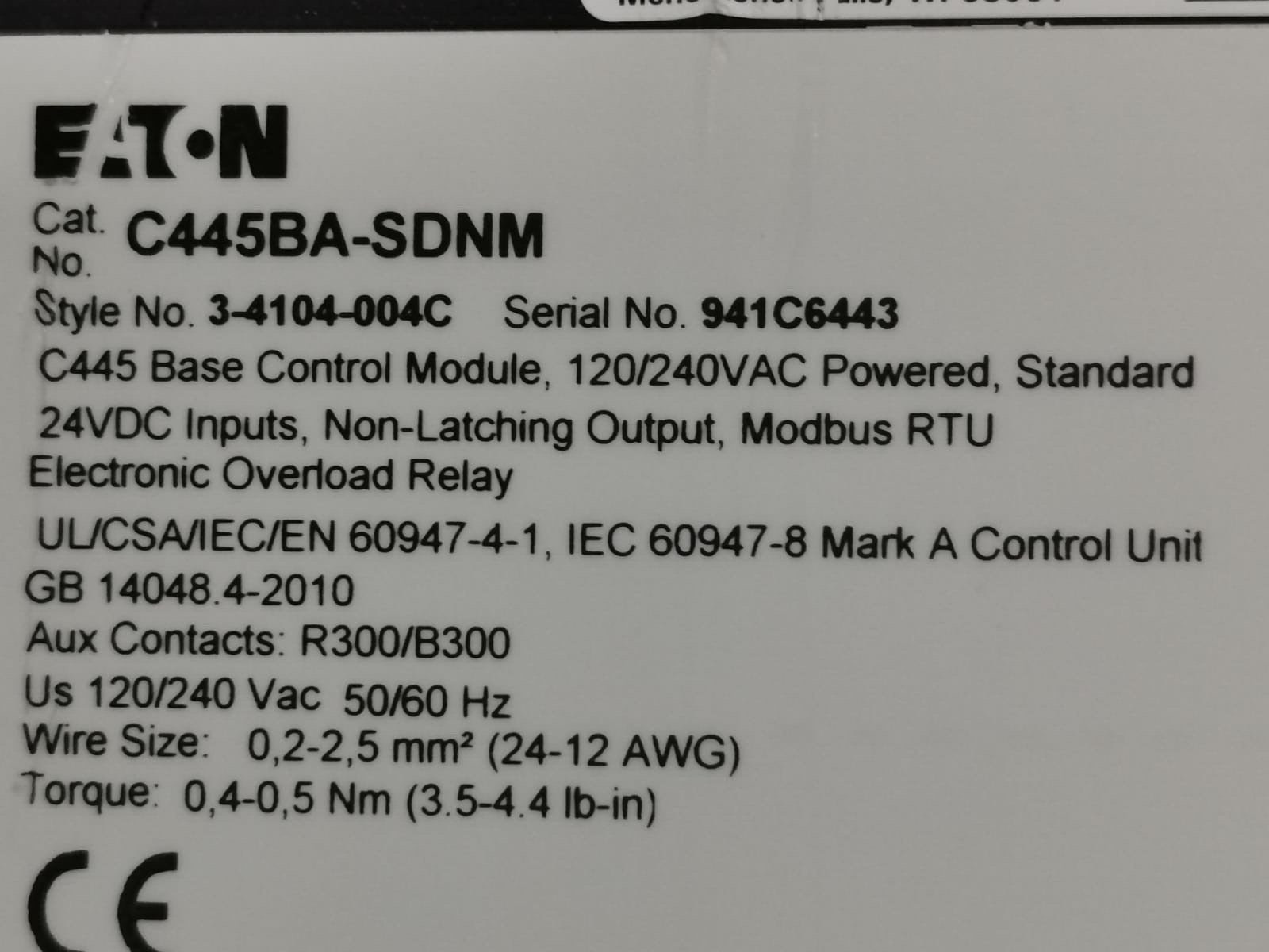 Eaton C445BA-SDNM EATON C445BA-SDNM C445 BASE CONTROL MODULE,120/240VAC 8