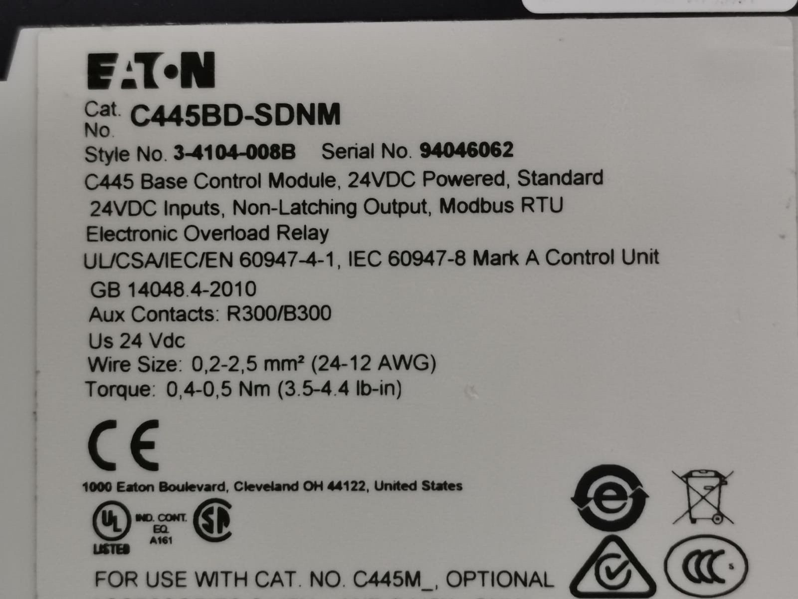 Eaton C445BA-SDNM EATON C445BA-SDNM C445 BASE CONTROL MODULE 24VDC 2