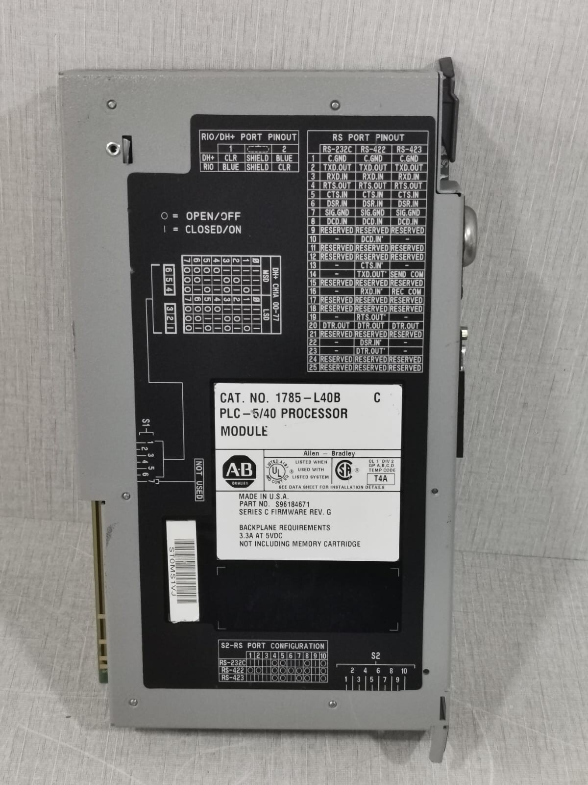Allen-Bradley S96184671 Allen Bradley 1785-L40B PLC-5/40 Processor Module S96184671 Ser. C/REV.G 2