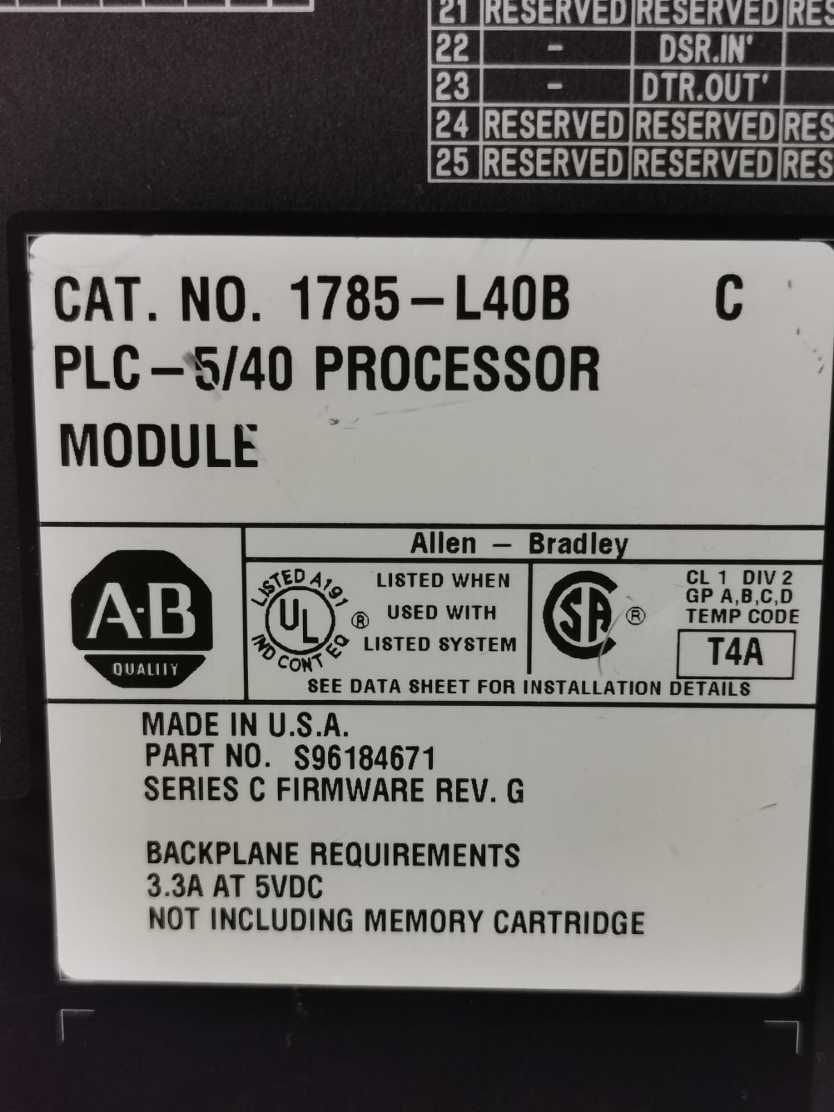 Allen-Bradley S96184671 Allen Bradley 1785-L40B PLC-5/40 Processor Module S96184671 Ser. C/REV.G 3