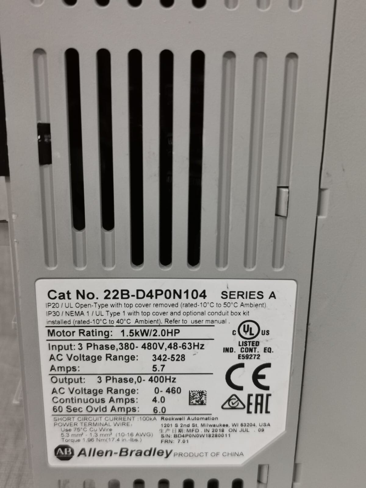 Allen-Bradley 22B-D4P0N104 Allen-Bradley 22B-D4P0N104 SER.A I PowerFlex 40 AC DRIVE 1.5KW/2.0HP 3