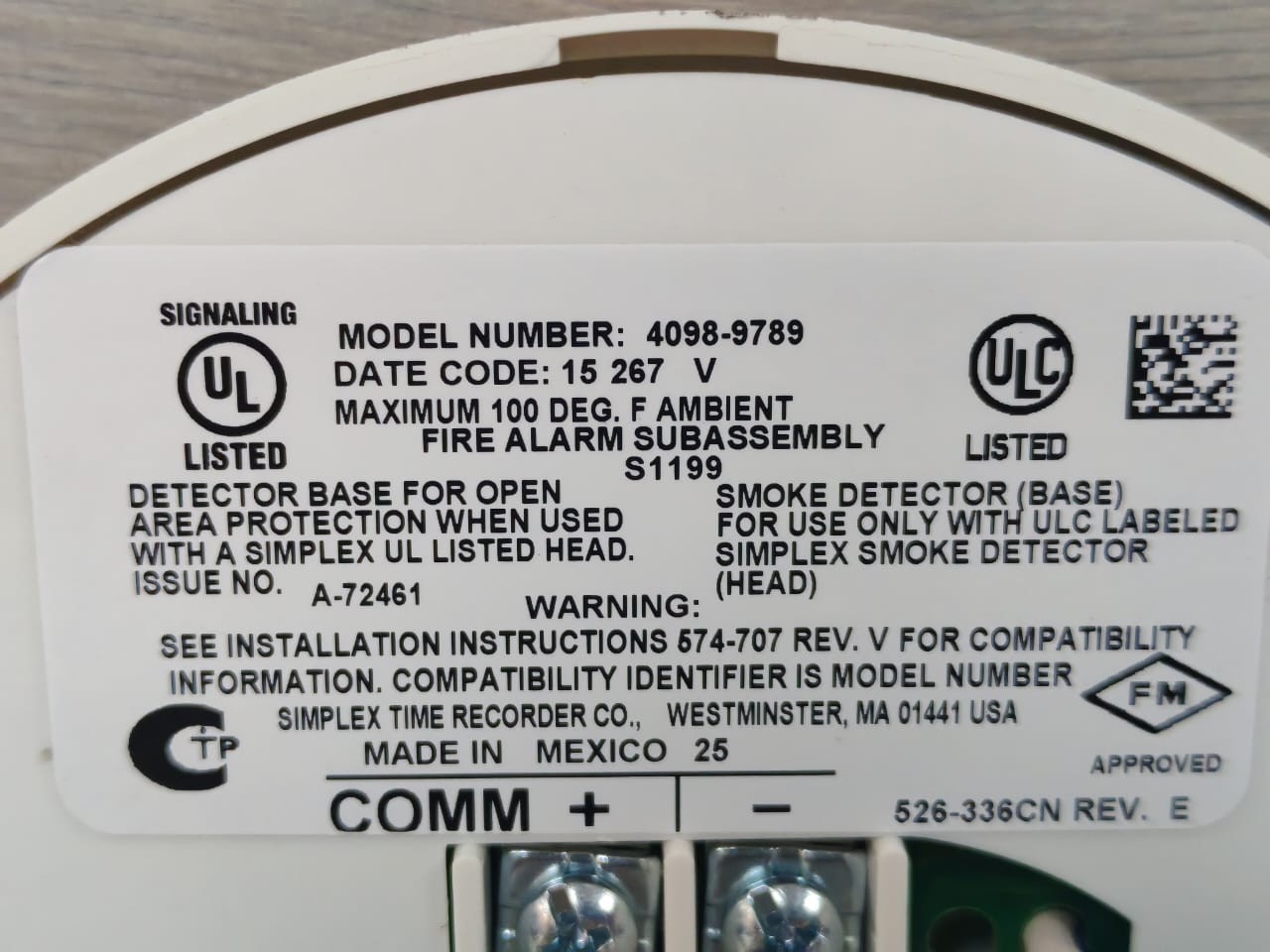 Simplex 4098-9789 SIMPLEX 4098-9789 LIFE ALARM SENS BASE W/ LED OUT 0677110CN 7