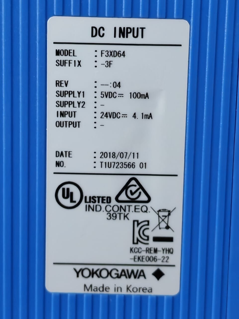 Yokogawa F3XD64-3F YOKOGAWA F3XD64-3F STYLE S1 REV.01 & F3XD64-3F REV.04 DC INPUT MODULE 5