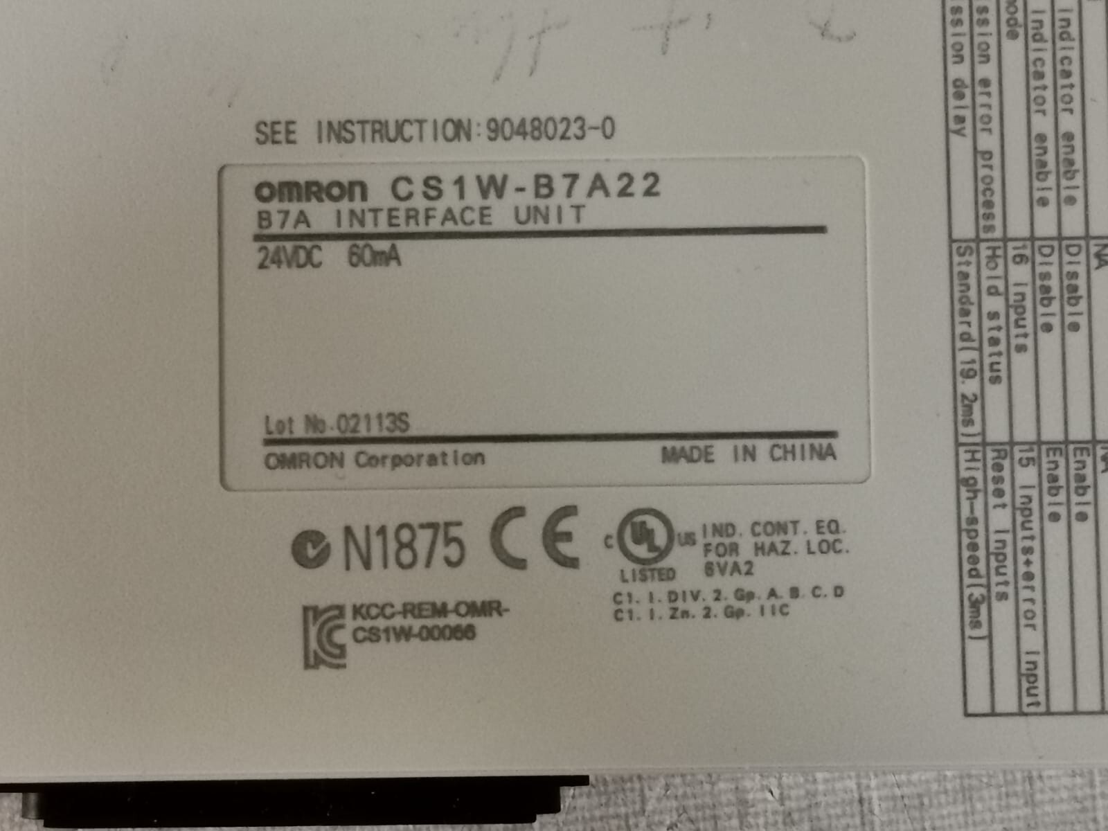 Omron CS1W-B7A22 OMRON CS1W-B7A22 B7A Interface Unit 24VDC 60mA 3