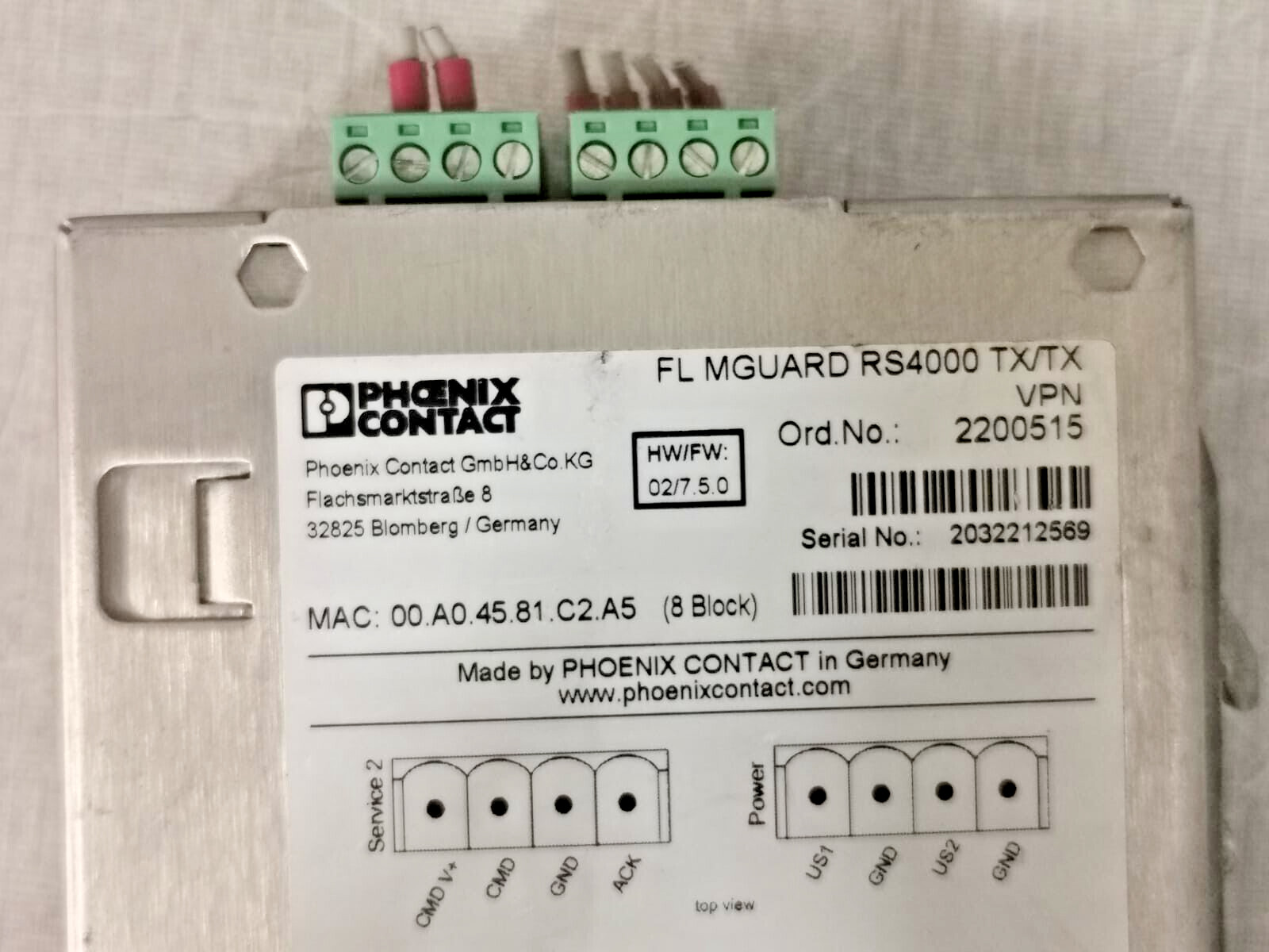 Phoenix Contact FW-02 Phoenix Contact FL MGUARD RS4000 TX/TX VPN 2200515 HW/FW: 02/5.0 CONTROLLER 2